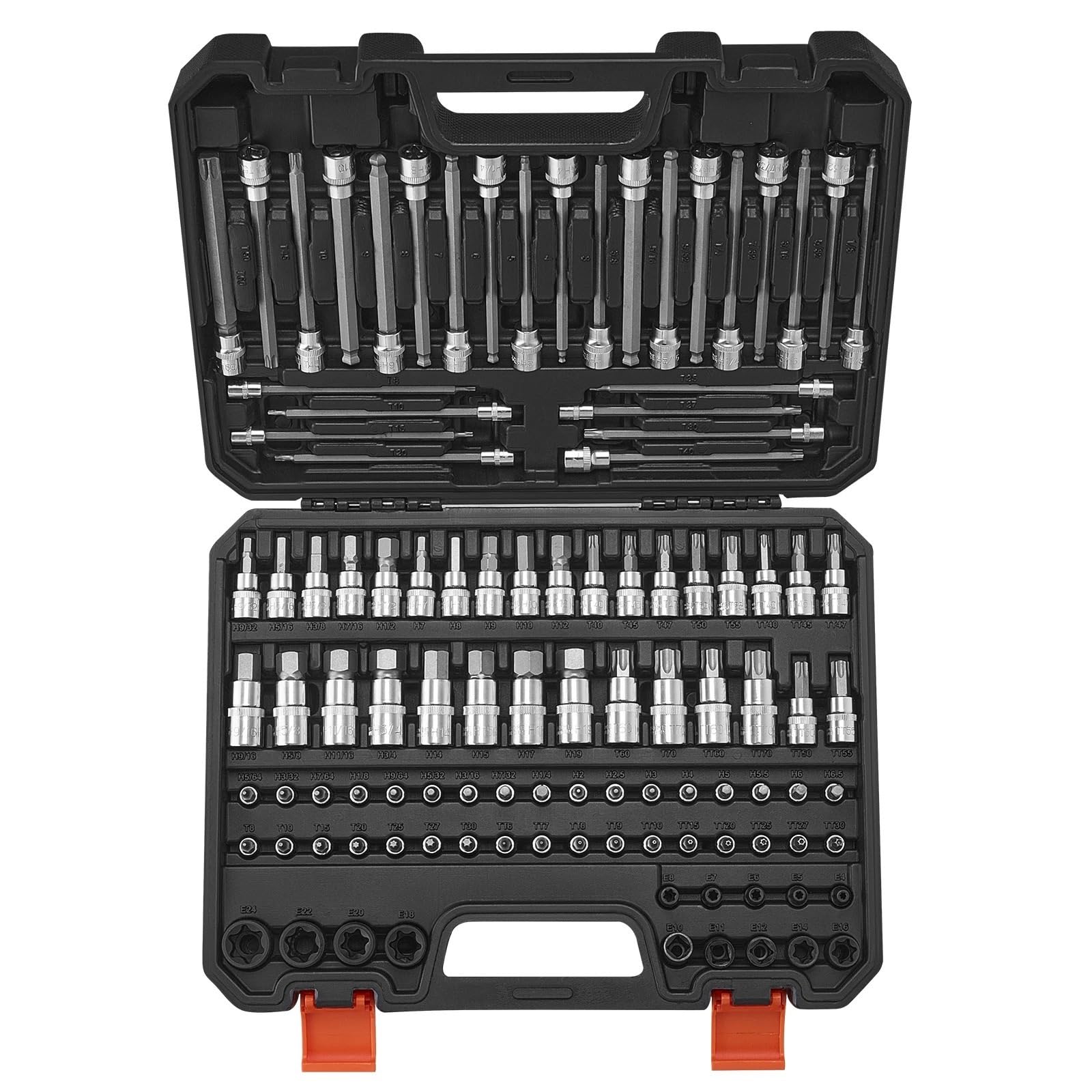 Set Attrezzi da Lavoro Set di bussole bit 107 pezzi SAE e metrico esagonale/Torx/Torx esterno/antimanomissione/Acciaio legato S2 extra lungo acciaio Cr-V