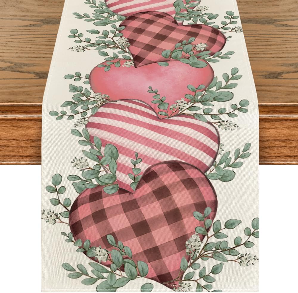 Artoid Mode Pink Eucalyptus Hearts Valentine's Table Runner, Anniversary HoliKitchen Dining Table Decoration for Home Party Decor 13x36 Inch