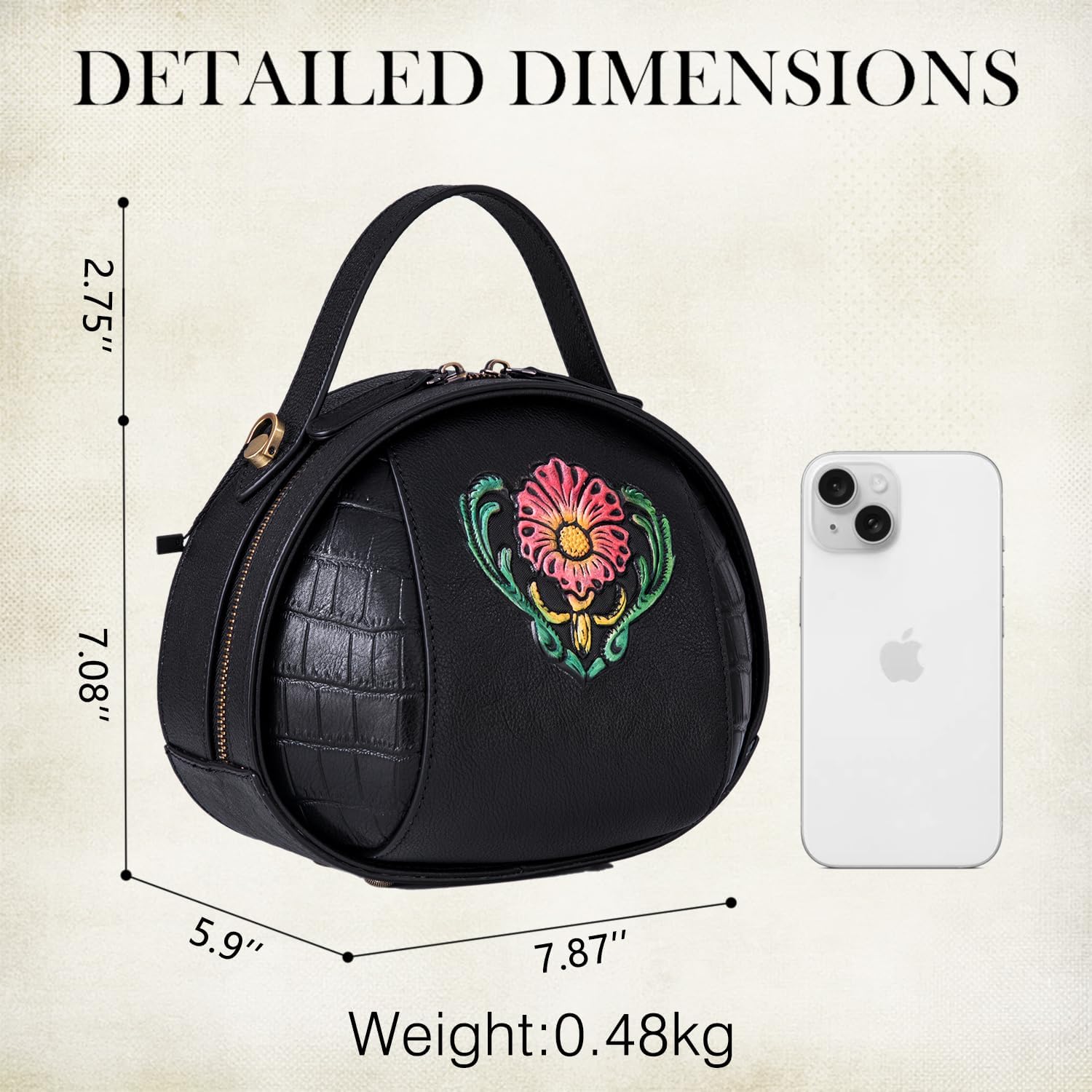 Vintage Genuine Leather Crossbody Bag for Women – Small Structured Top Handle Purse with Hand-Embossed Flower - Image 3