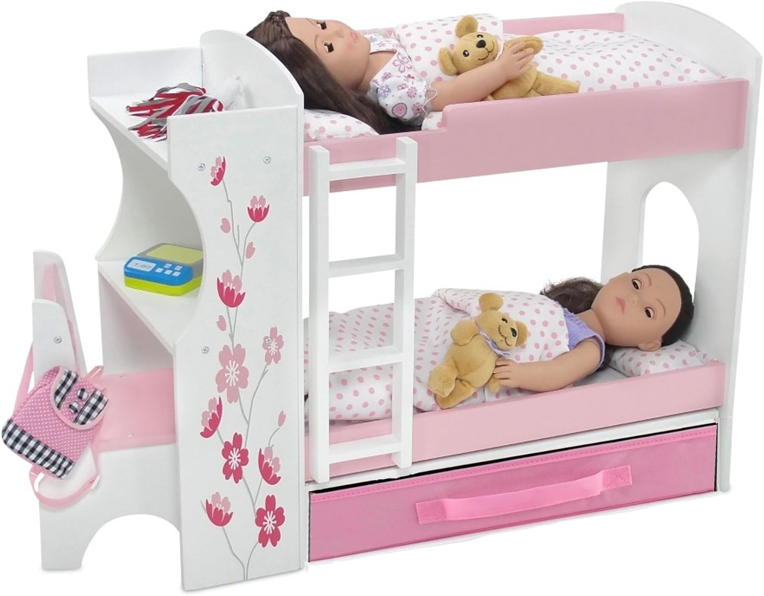 Emily Rose 18 Inch Doll Bunk Bed Set with Desk and Storage - Wooden Dollhouse Furniture with Bedding & Ladder - Compatible with American Girl, Our Generation, My Life As & Adora - Image 5