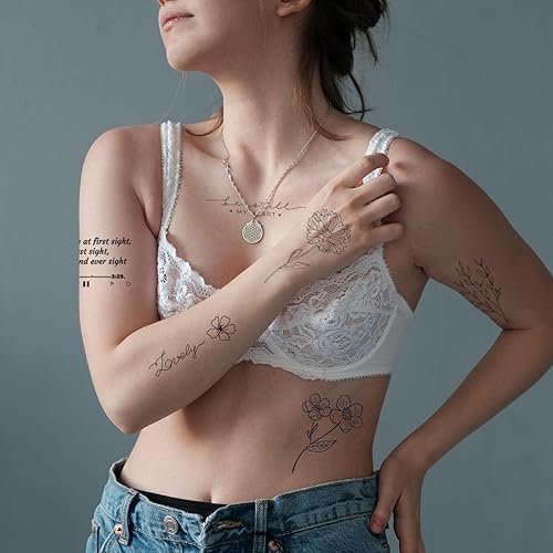 Miniatura 6 de Aresvns 56 hojas de tatuajes temporales a prueba de agua para mujeres adolescentes, tatuajes pequeños, citas inspiradoras, palabras, flores, rosas