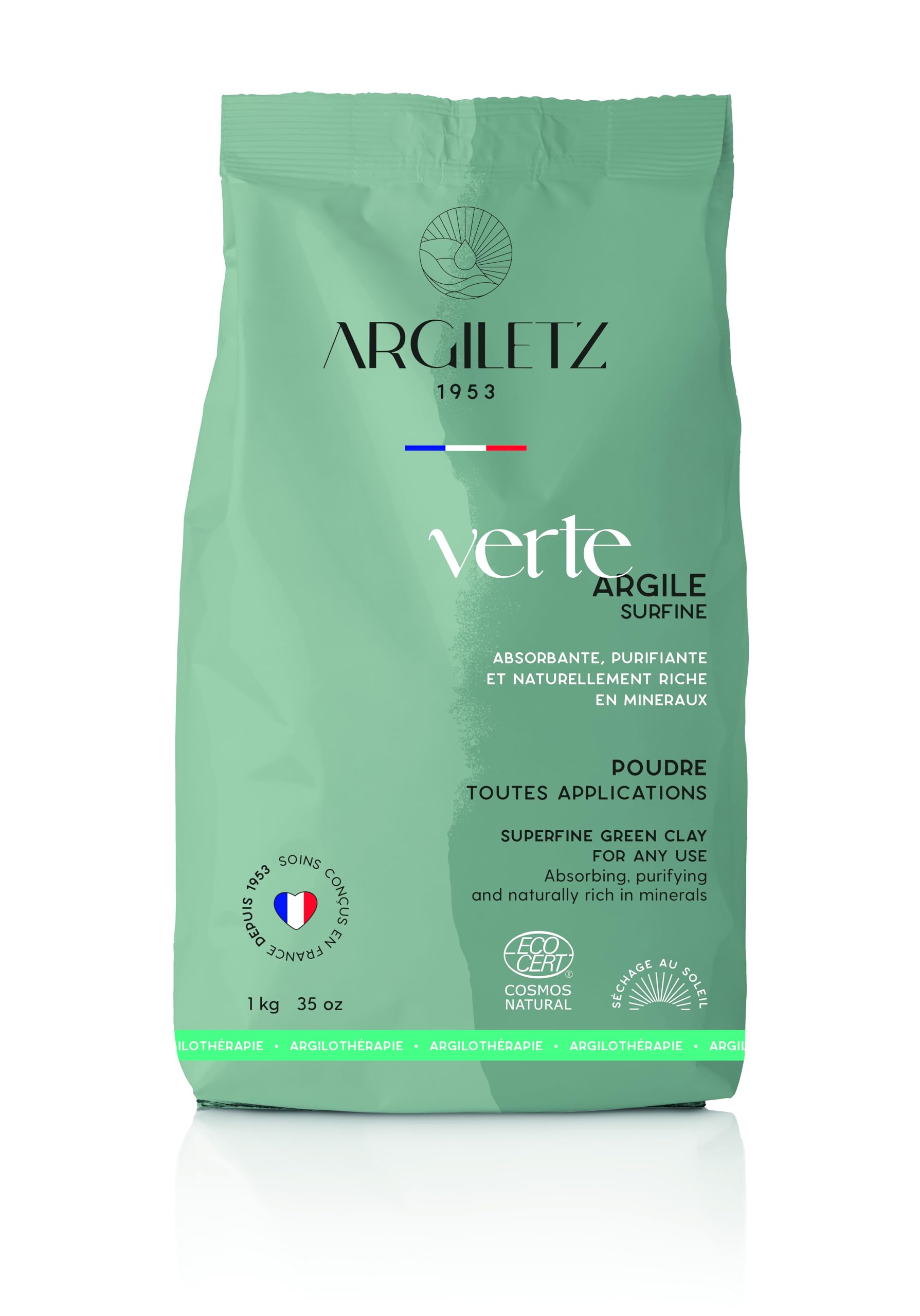Argiletz - Argile Verte Surfine 1kg – Poudre Très Fine 60 Microns – Soin Masque Visage, Bain – Sensation Peau Douce - Argile Naturelle Séchée Au Soleil – Soin Externe - Certifiée Cosmos Natural