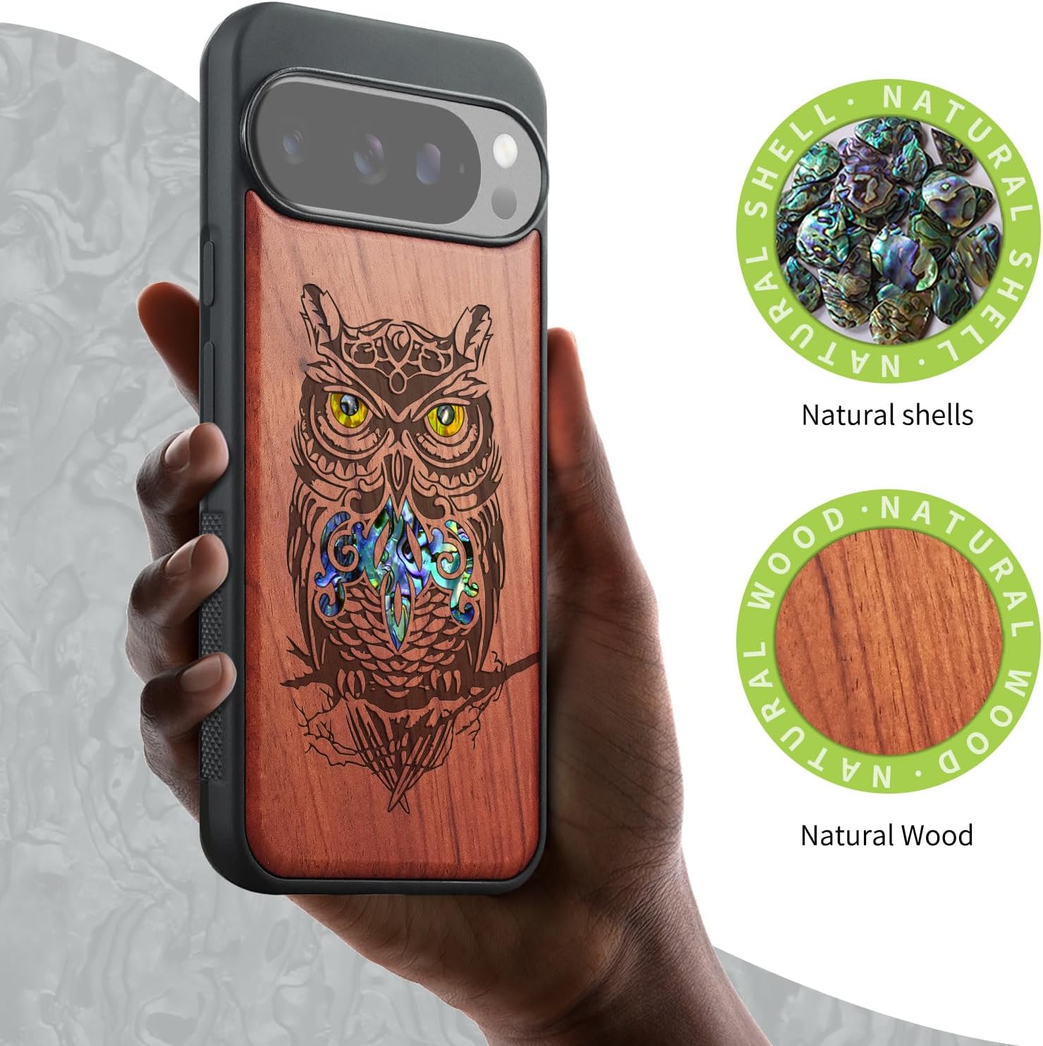 Carveit Magnetic Wooden Case for Google Pixel 10 Pro XL Case, Wood Artisan Engraved & Handmade Shell Inlaid, Compatible with MagSafe Wireless Chargers, an Owl Perched on a Branch - Rosy
