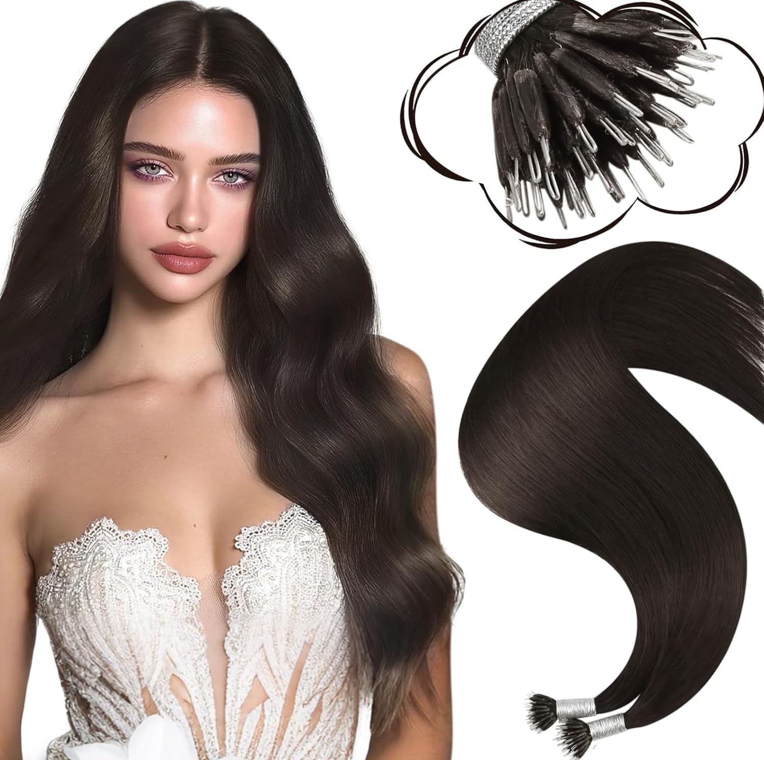 Moresoo Nano Hair Extensions Real Human Hair 16 Inch 50g/Pack Ash Blonde Highlight Nano Beads Hair Extensions Human Hair 1g/s Remy Straight Hair #P18/613 — view 42