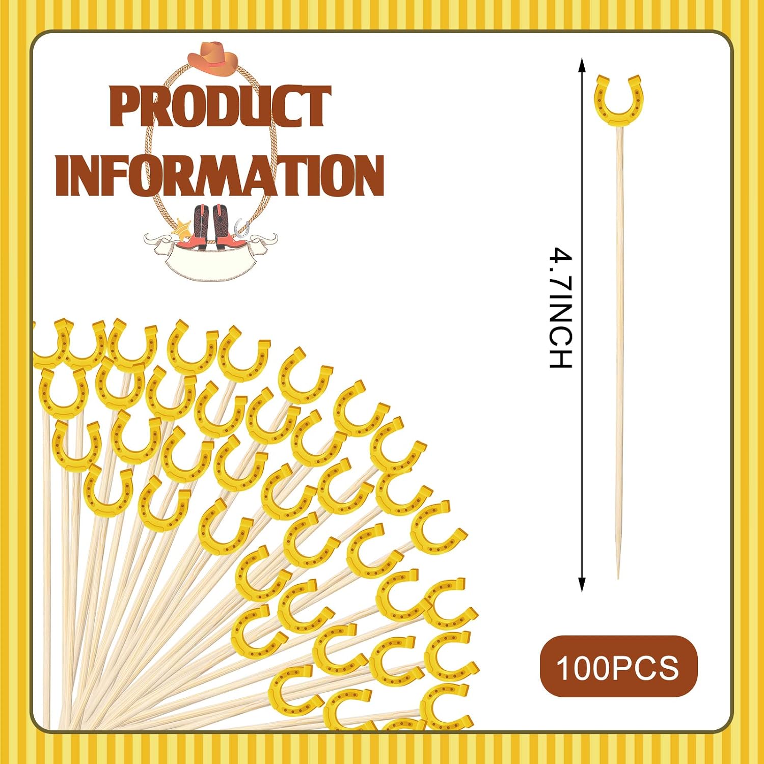 100 Pcs Cowboy Picks Horseshoe Cocktail Picks 5.1'' Derby Gold Fancy Cupcake Toppers Bamboo Cute Fruit Sandwich Toothpick Western Cowboy Party Decorations for Western Theme Party Supplies