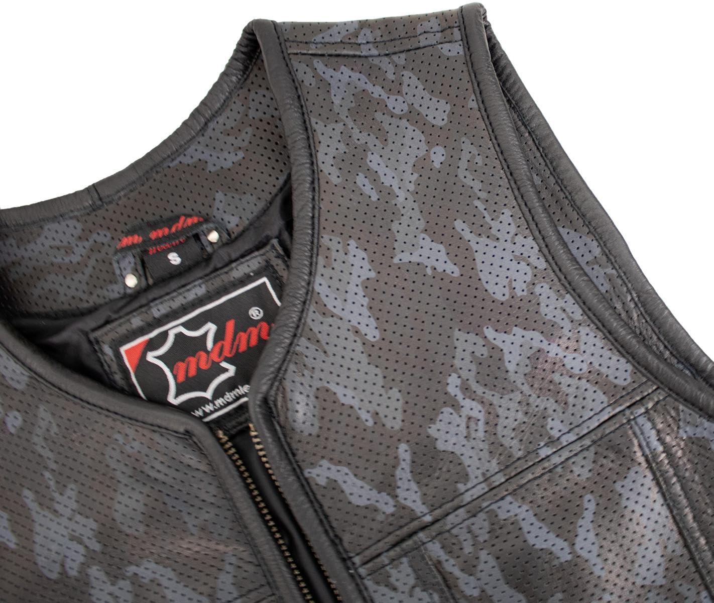Chaleco de piel para hombre, diseño de camuflaje, color negro y gris, perforado, de auténtica piel de vacuno, ampliable mediante cremallera