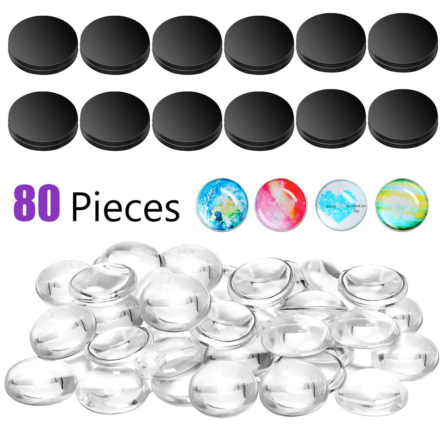 Frienda 80 Pieces Fridge Magnets Craft Set Refrigerator Craft Magnets Round Disc Ferrite Ceramic Magnets with Transparent Glass Cabochons for DIY Fridge Magnet Craft Making Adhesive Backing