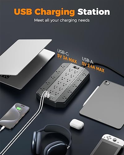 Miniatura 5 de TESSAN - Protector de sobretensiones 4000J, cable de extensión resistente de 22 salidas con 4 puertos USB (2 USB C), 1875 W, 15 A, enchufe plano,