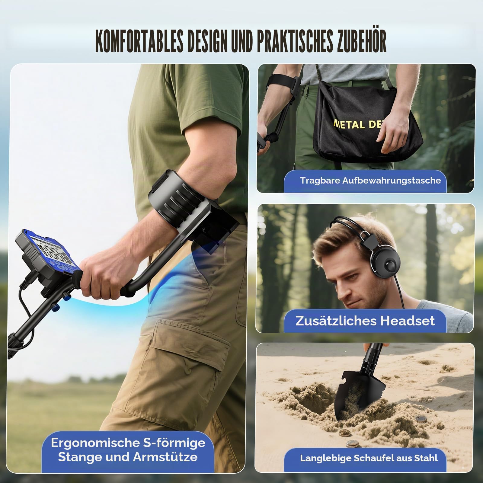 Metalldetektor Profi mit 2 Akkus, 5 Modi Metalldetektoren für Erwachsene & Kinder, Anti-Interferenz-Chip,IP68 Wasserdichte,Unterstützt Batterie und USB-Stromversorgung,Verstellbare Stange (Marineblau)