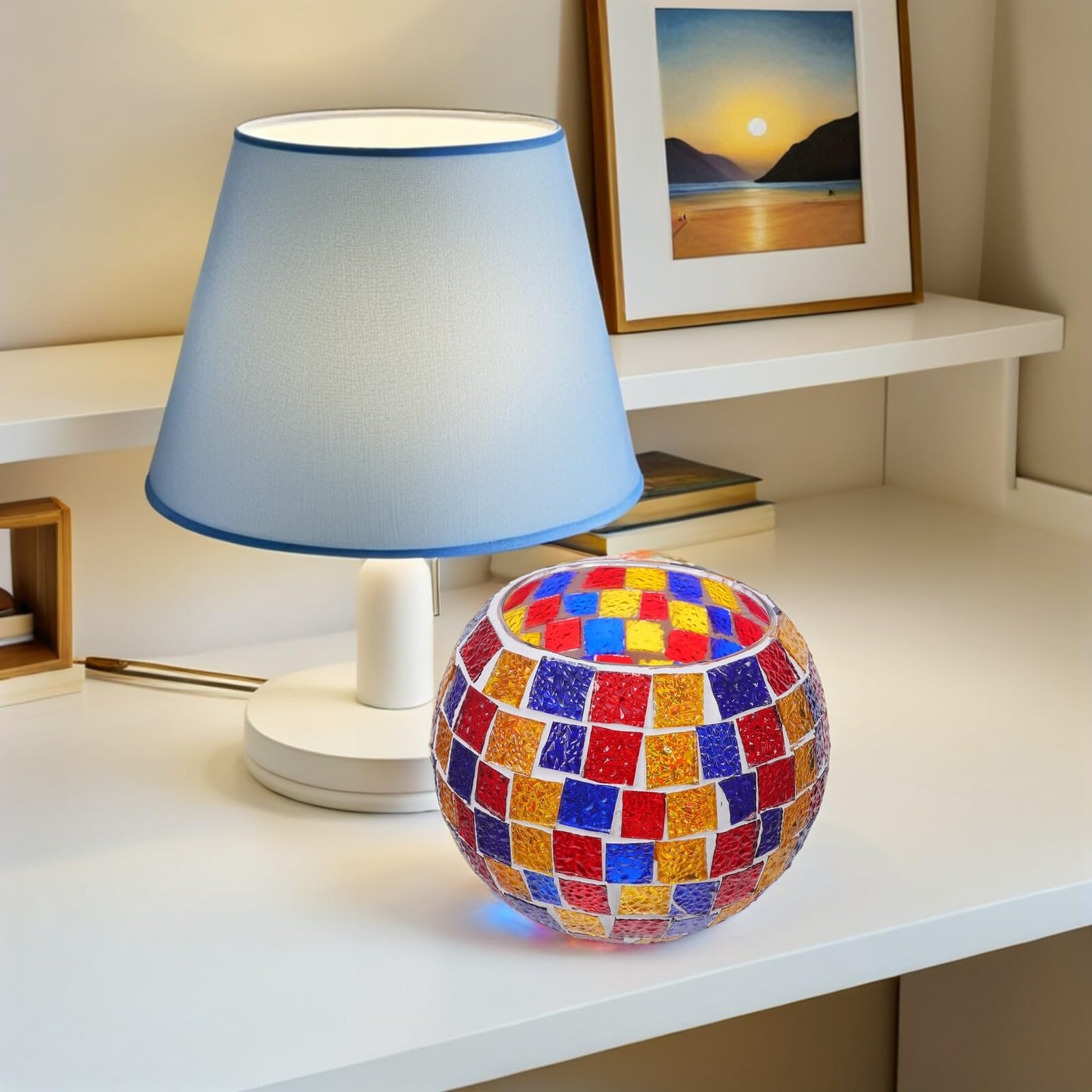 Gadpiparty Abat-jour Rétro en Verre Mosaïque Coloré 16x16x13 Cm pour Lampe de Table E26/e27, Globe de Rechange Suspendu, Abat-jour pour Lustre et Lampadaire, Ambiance Lumineuse Apaisante