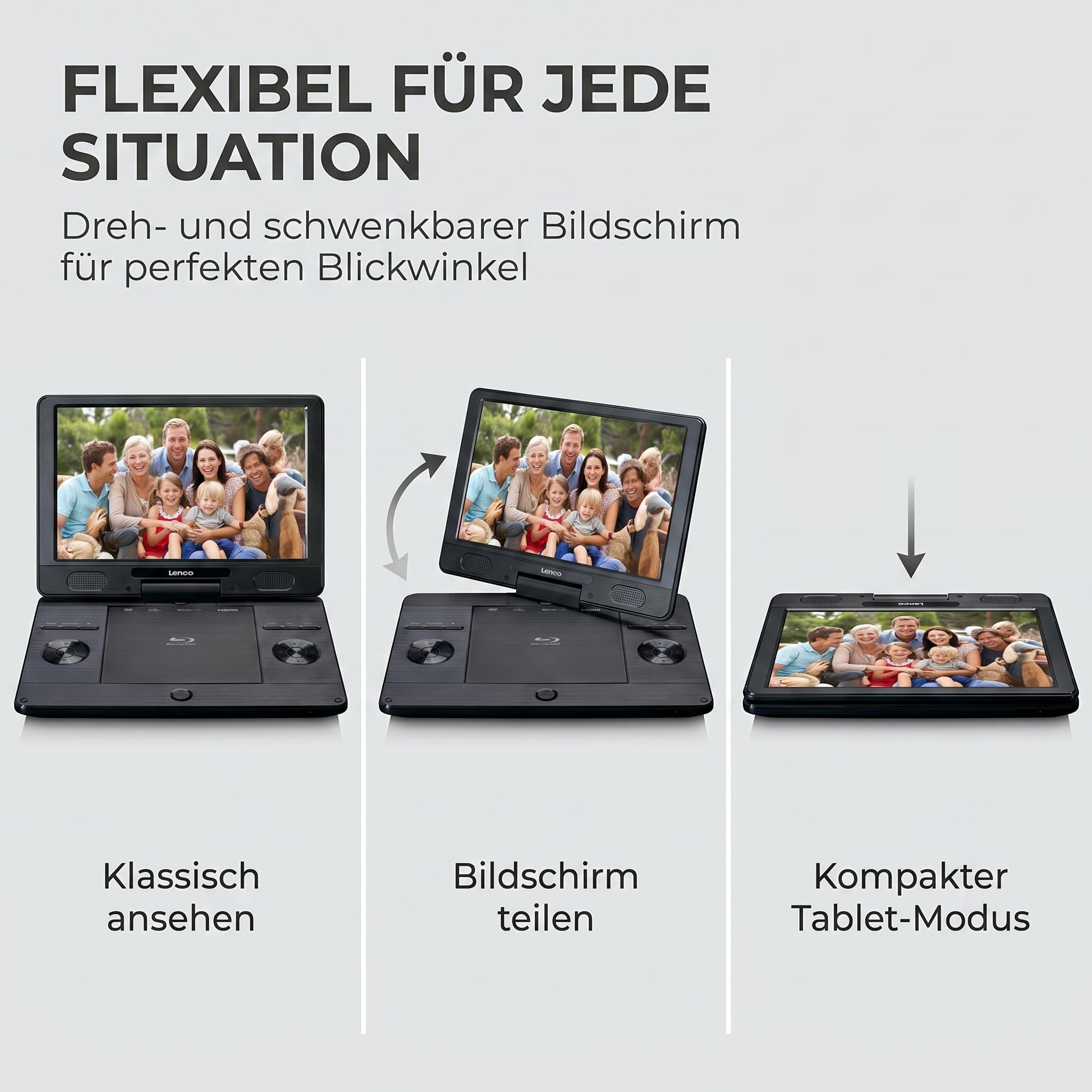 Lenco BRP-1150BK - DVD Player - Tragbarer DVD Player - DVD Player Auto | BRP-1150 - 11,5” drehbarer TFT Bildschirm - 1024 x 600 - Akku - KfZ-Adapter - USB Eingang - AV-Out