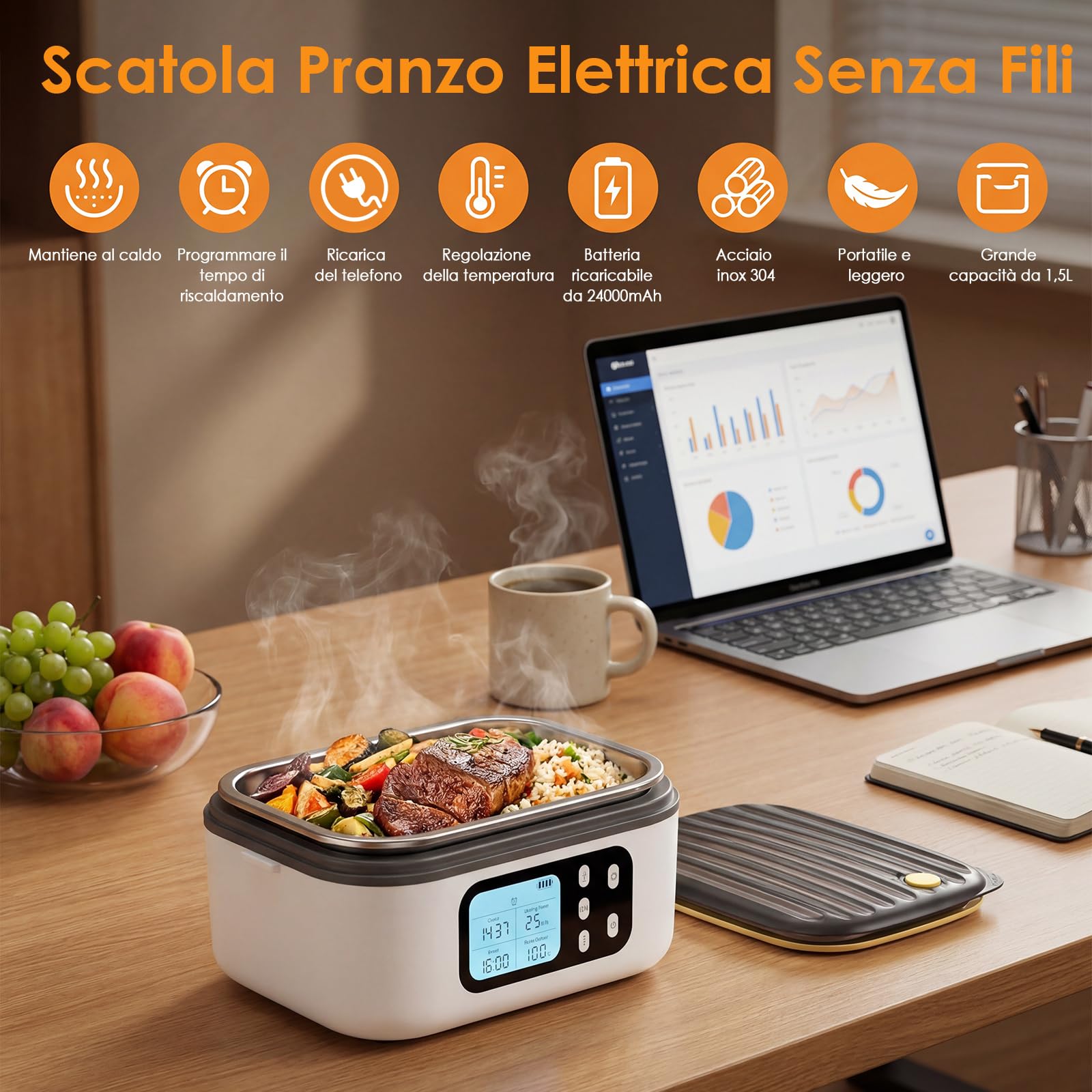 Dreamhigh 1.5L Scaldavivande Elettrico Portatile,Scaldavivande Portatile Con Batteria Ricaricabile 24000 mAh,Riscaldamento Temporizzato e Design Antiperdita per Auto e Lavoro (bianco)