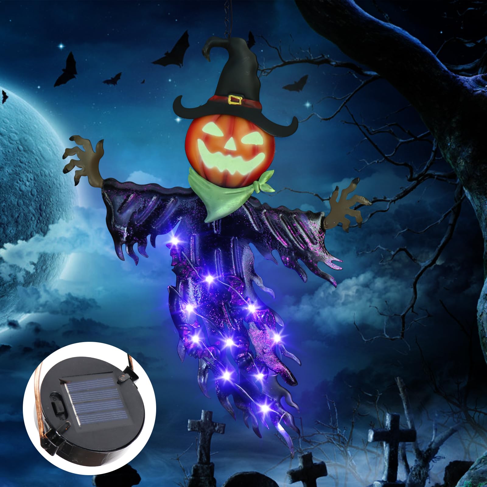 ILLUMINEW Solar Halloween Decorations Outdoor, Pumpkin Hanging Decor | Purple Metal Design, Glowing Eyes, Auto Charging, Tree, Wall, Porch and Patio Accent