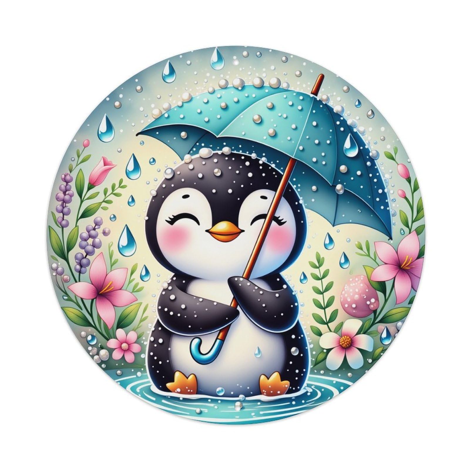 Cute Penguin Umbrella Rain Flowers Round Tin Sign Vintage Metal Poster, Home Bar Garage Man Cave Cafe Indoor & Outdoor Wall Decoration 8x8Inches