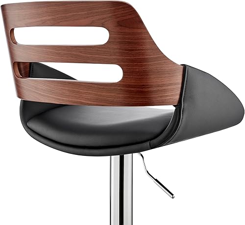Miniatura 9 de Armen Living Karter - Taburete de bar moderno giratorio de altura ajustable de piel sintética negra y madera de nogal con base cromada para encimera