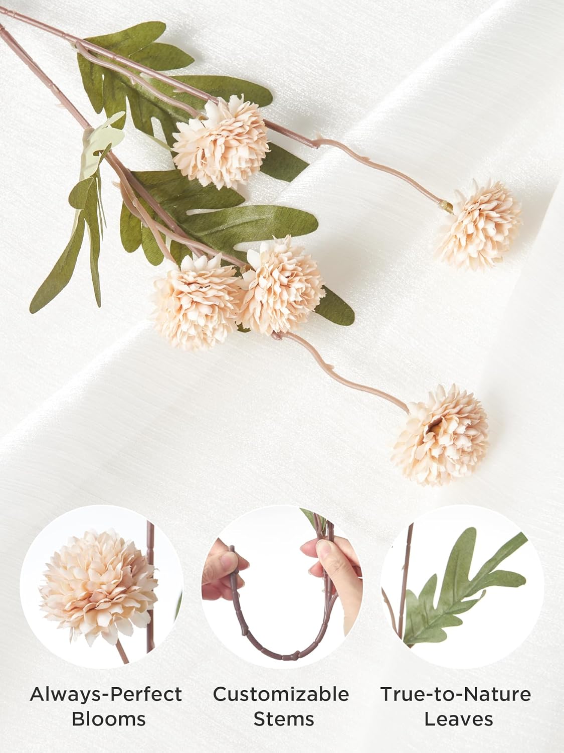 InnoGear Silk Flowers Pompon Mums Artificial Flowers, 10pcs 50 Heads Fake Mini Chrysanthemums with Long Stems Bulk Faux Kiku Flower for Decoration Memorial DIY Wedding Bouquets Centerpieces, Beige - Image 3