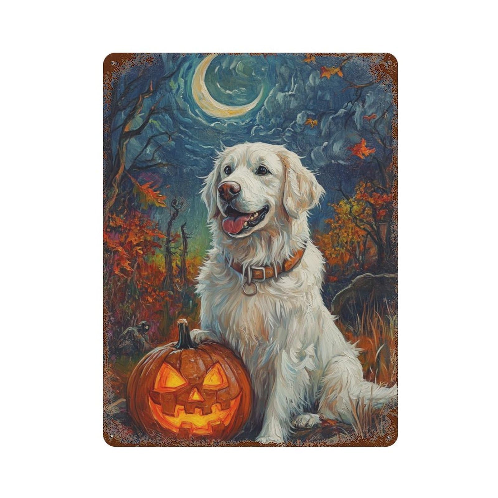 Halloween Pumpkin with Dog Rust Effect Tin Sign 15.7"x11.8", Farmhouse Wall Decor for Living Room, Hallway And Home Decor