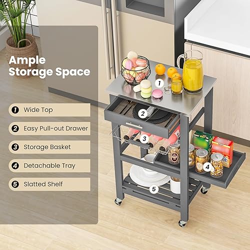 Miniatura 3 de Giantex Carrito de isla de cocina, carrito de almacenamiento de cocina rodante con mesa de acero inoxidable, cajón, cesta y estante, carrito de