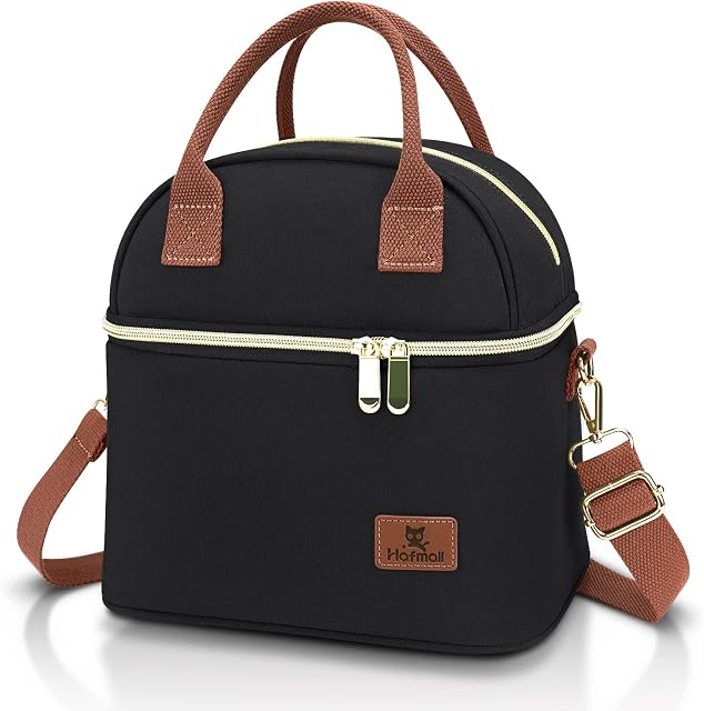 Hafmall Insulated Lunch Bag for Women Men, 9L Dual Compartment Lunch Cool Bag for Adults, Pack Lunch Bag with Shoulder Straps for Work, School, Black