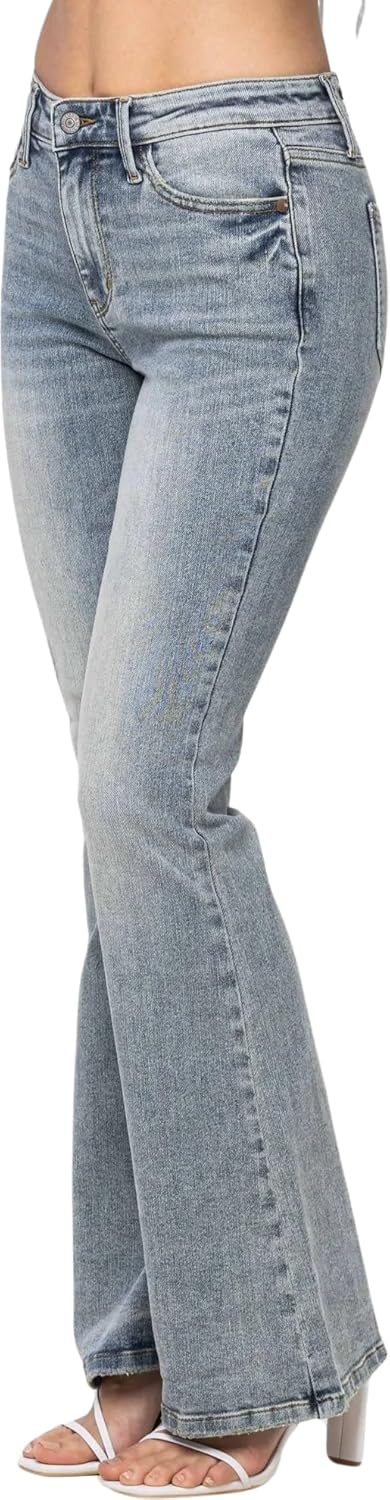 Judy Blue Women's Mid-Rise Tinted Pin Tack Detail Flare Jeans (Medium Blue, 16 Plus) - Image 3