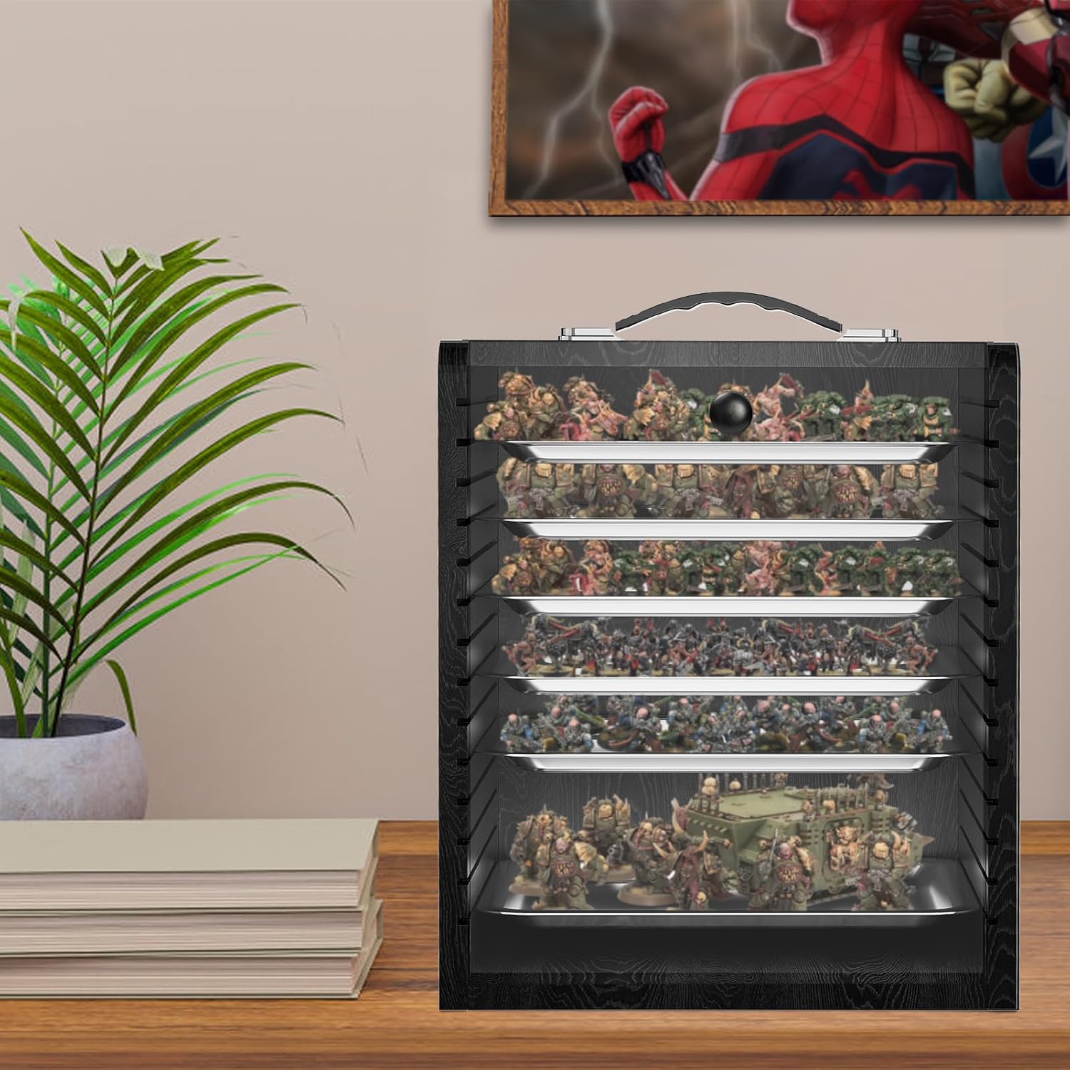 Miniature Storage Case for Collectibles Miniatures, Wooden Display Cases with 6 Trays, Miniature Display Case Miniatures Transport Case (Black)