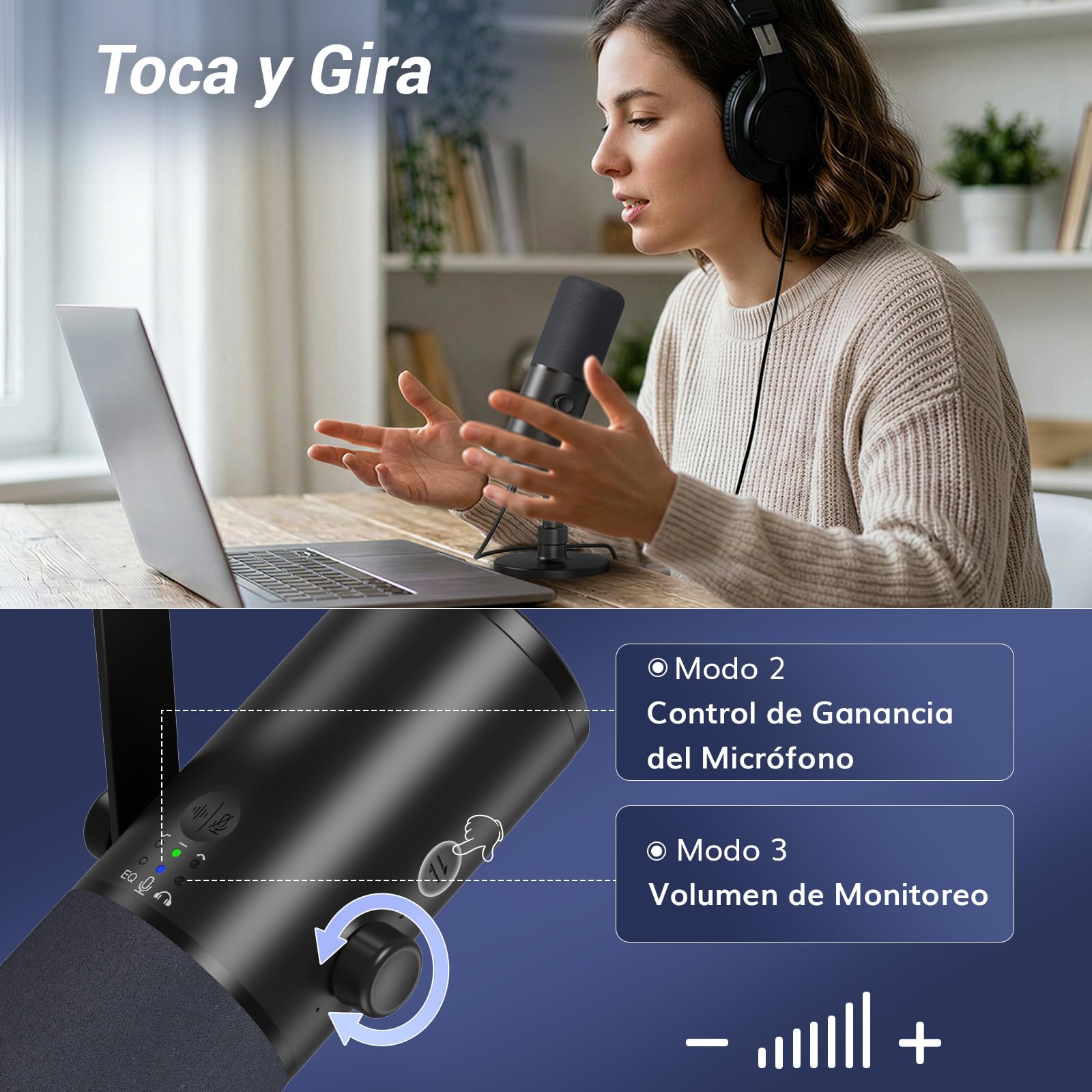 TONOR USB/XLR Microfono Dinámico para Juegos, PC Micrófono Cardioide de Estudio con Soporte de Escritorio para Podcasting, Streaming, Conector para Auriculares de 3,5 mm y Botón de Silencio, TD510 AIR
