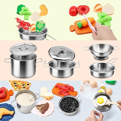 Miniatura 6 de Juego de accesorios de cocina para niños, juego de 38 piezas de ollas de acero inoxidable para niños, utensilios de cocina de juguete, platos de