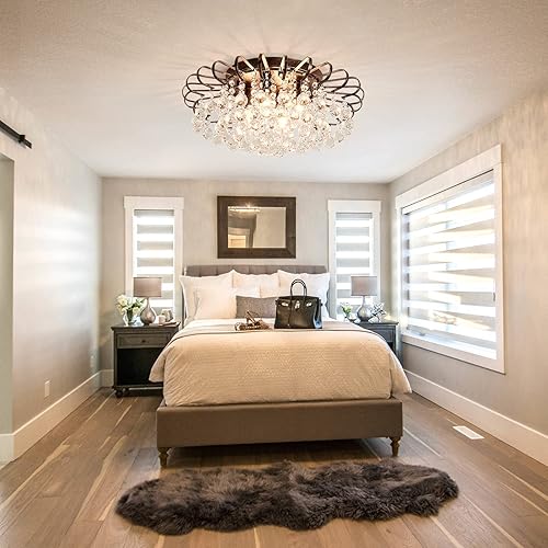 Miniatura 9 de CVKASH Candelabro floral de cristal de 4 luces moderno de bronce montaje empotrado con cristales en forma de gota de lluvia, luminaria de techo