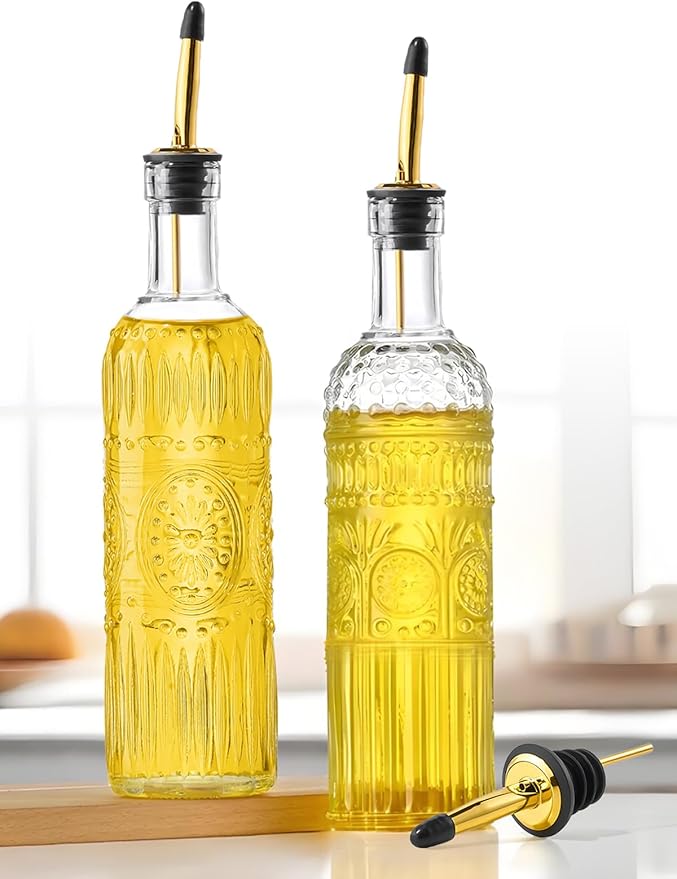 2 Pcs Olive Oil Dispenser Bottle for Kitchen,17oz Clear Glass Cooking Oil and Vinegar Dispenser Set, Coffee Syrup Dispenser with 2 Pourers and 1 Funnel (Two squares)