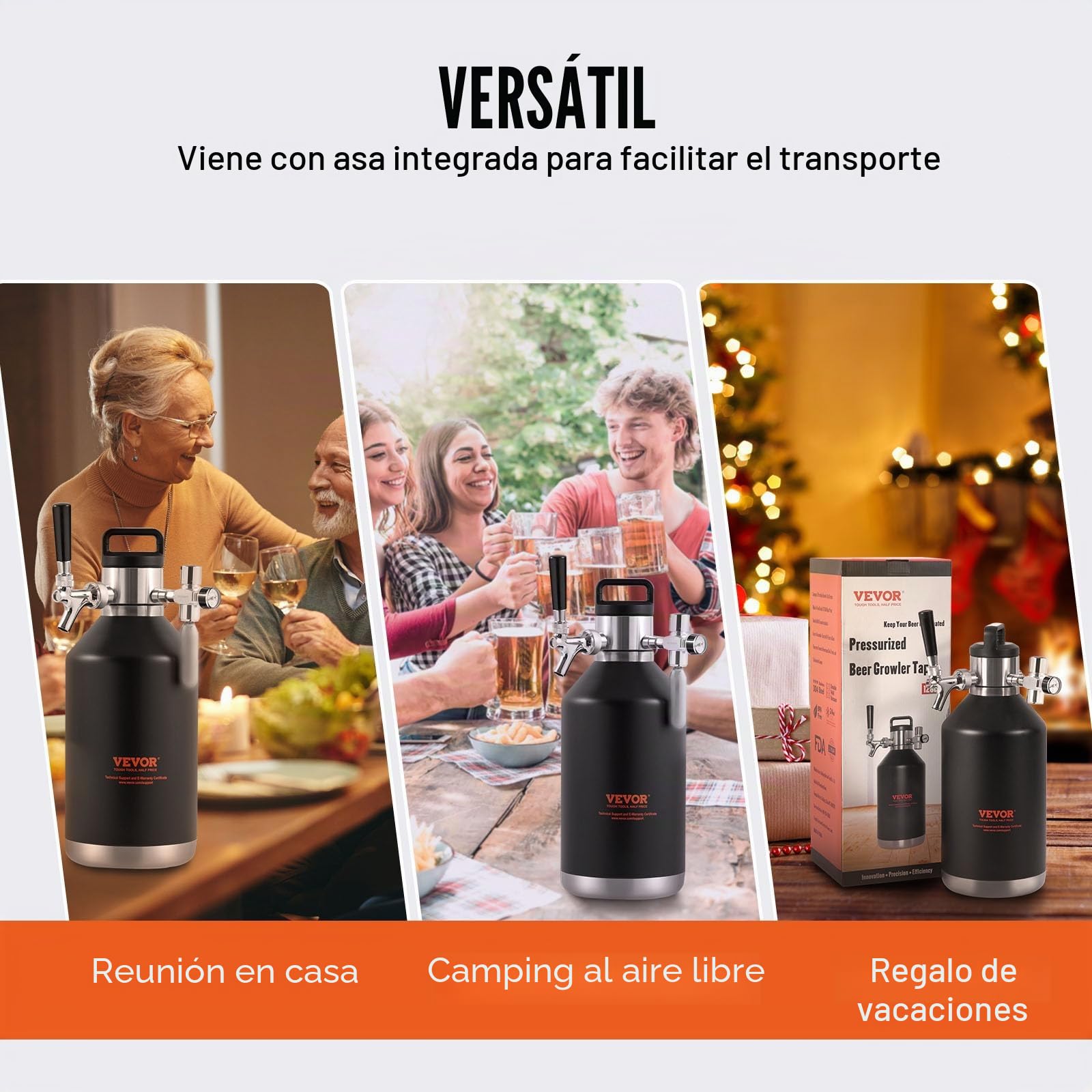 VEVOR Mini Barril de Cerveza Portátil 128Oz 4L Mini Barril Presión Ajustable 0~30PSI de Acero Inoxidable Sistema de Grifo Aislado a Presión para Mantener Cerveza Carbonatada Fresca para Camping Pícnic