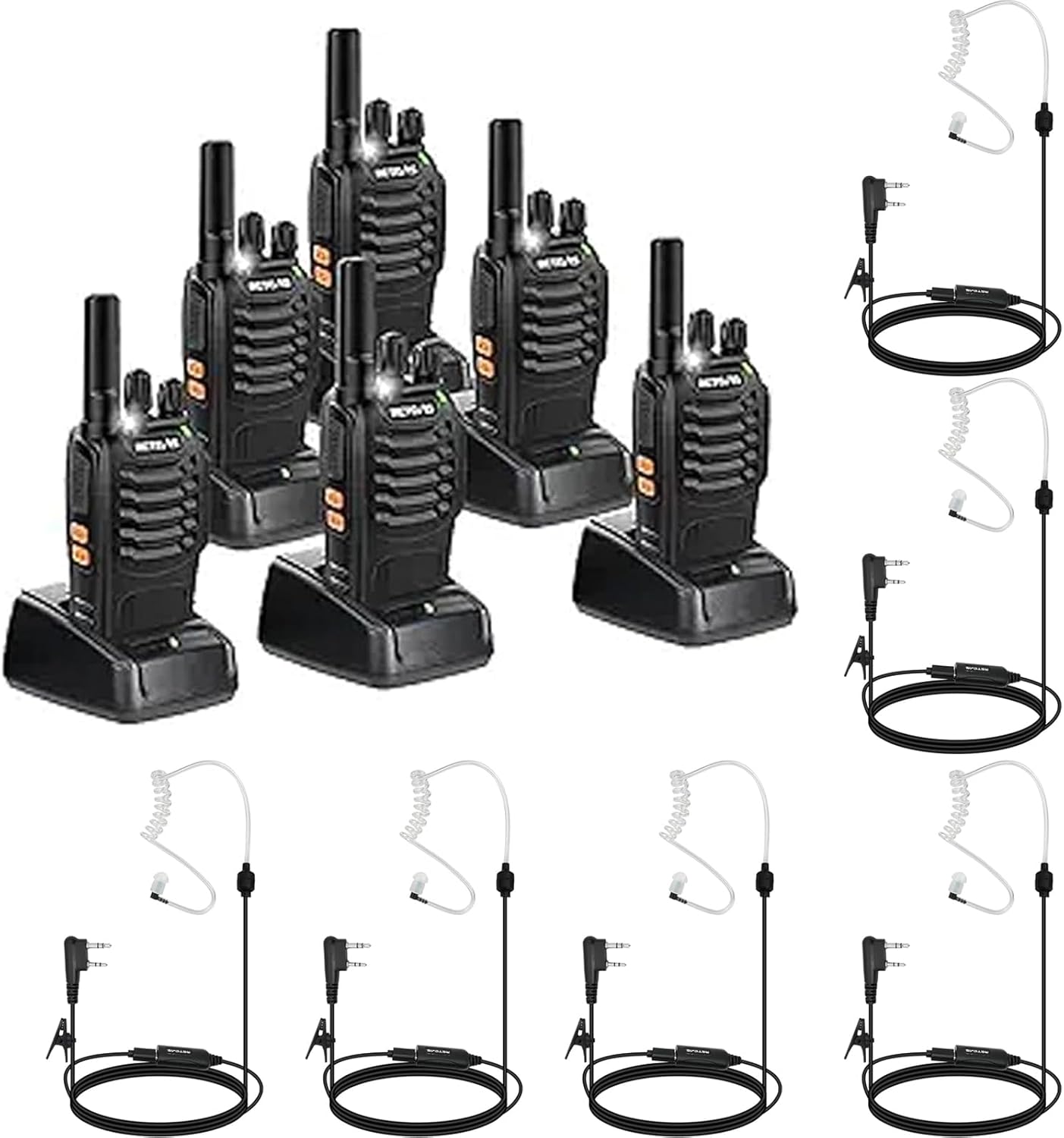Retevis H-777 Walkie Talkies(6 Pack) with AI Active Noise Reduction Walkie Talkie Earpiece(6 Pack), Long Range Hand Free Handheld Rechargeable Two Way Radio Business 2 Way Radios with Charger