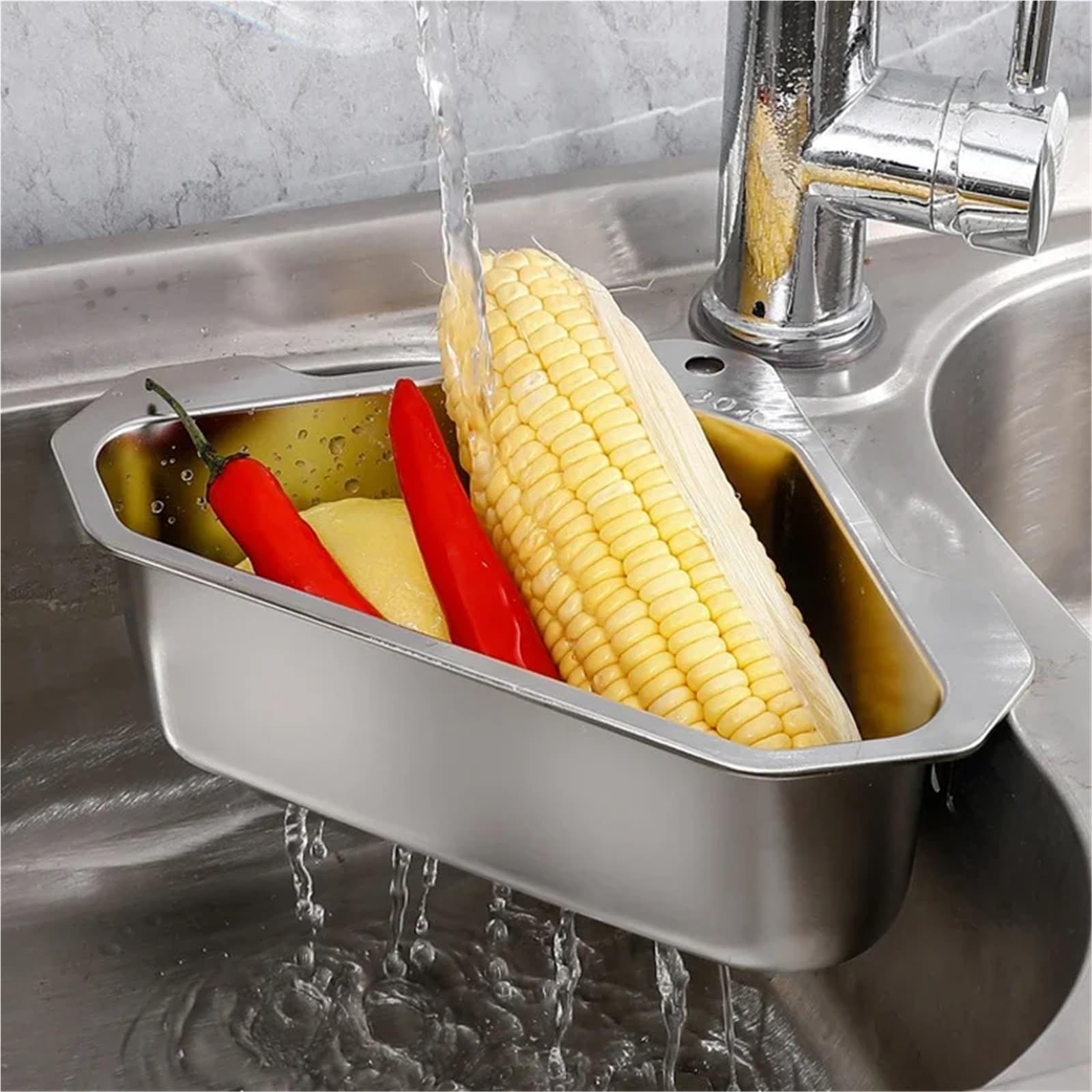 Filtro de Fregadero Cocina Acero Inoxidable, Cesta Drenaje Triangular, escurridor Frutas y Verduras, Estante Almacenamiento, Barra con Ventosa, 2 uds para Cocina,Frutas