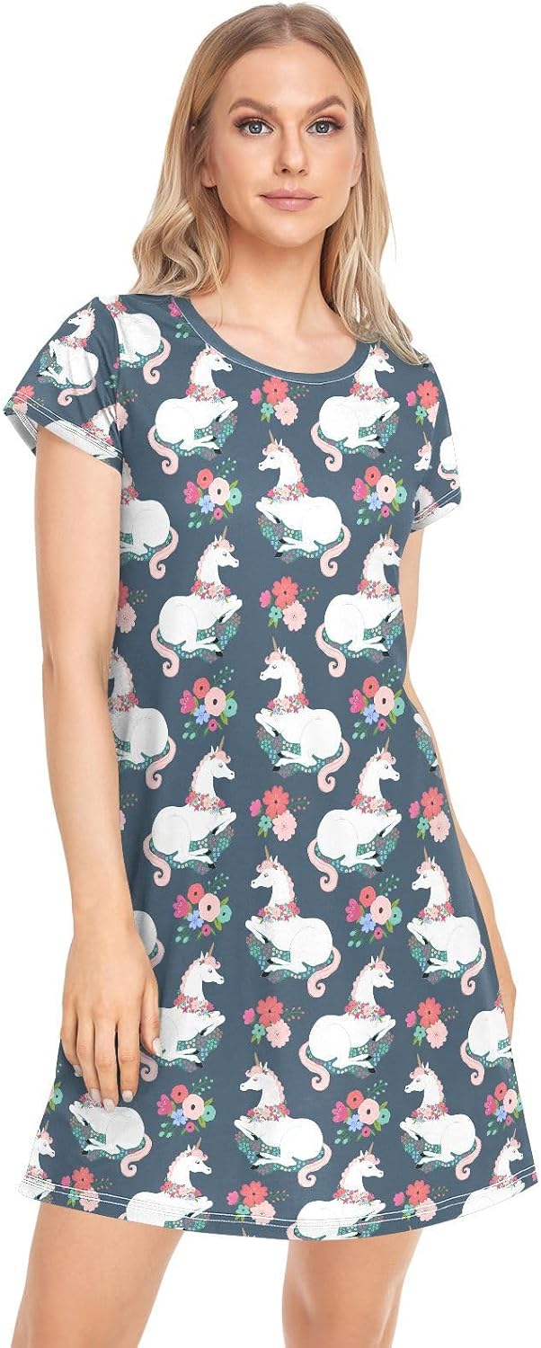 vvfelixl Sleep Shirt for Women,Polar Bears Playing Women Nightgown Pj Dress Lounge Sleepwear Short Sleeve S