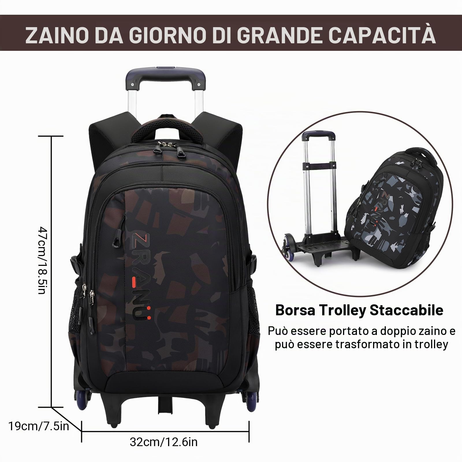 Amythe Zaino Trolley Scuola Elementare e Media Superiore, 16 Pollici Zaini con Ruote per Bambina Zainetto con Rotelle per Scuola Viaggi, 6 Ruote, Adatto per Ragazzo Adolescenti di 10-24 anni, Marrone