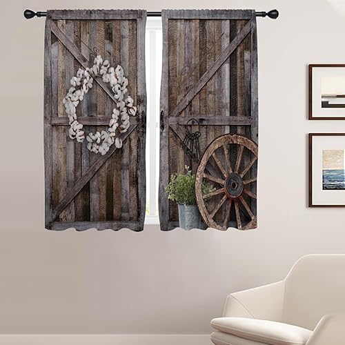 Coxila Farmhouse Window Curtains for Bedroom 42 x 63 Inch Rod Pocket Rustic Barn Door Western Wooden Wood Vintage Country Farm House Living Room Treatment Set of 2 Curtain Panels Drapes