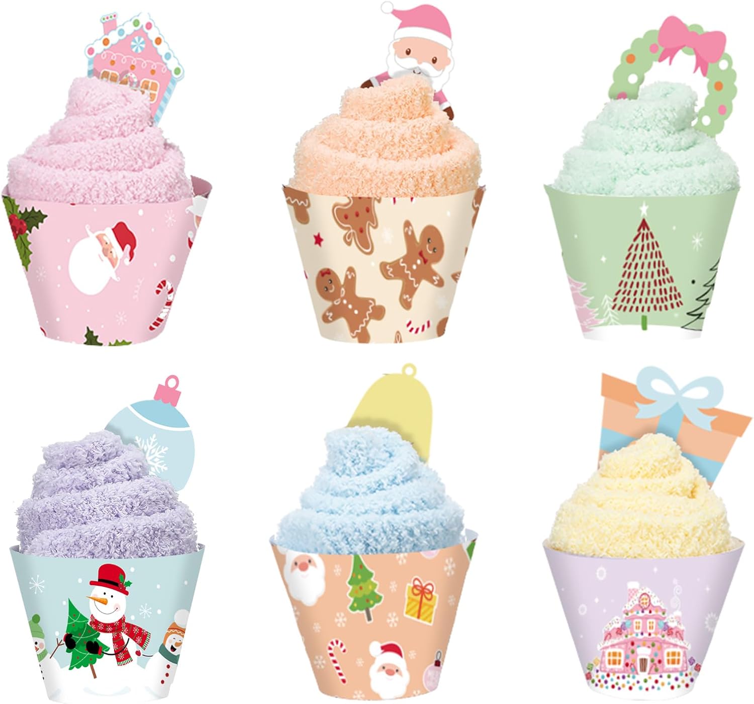 Berlune 24 Pairs Pastel Christmas Cupcake Socks for Women Christmas Fuzzy Socks Bulk DIY Xmas Gifts Winter Fluffy Warm Soft Sock with Packaging for Women Holiday Xmas