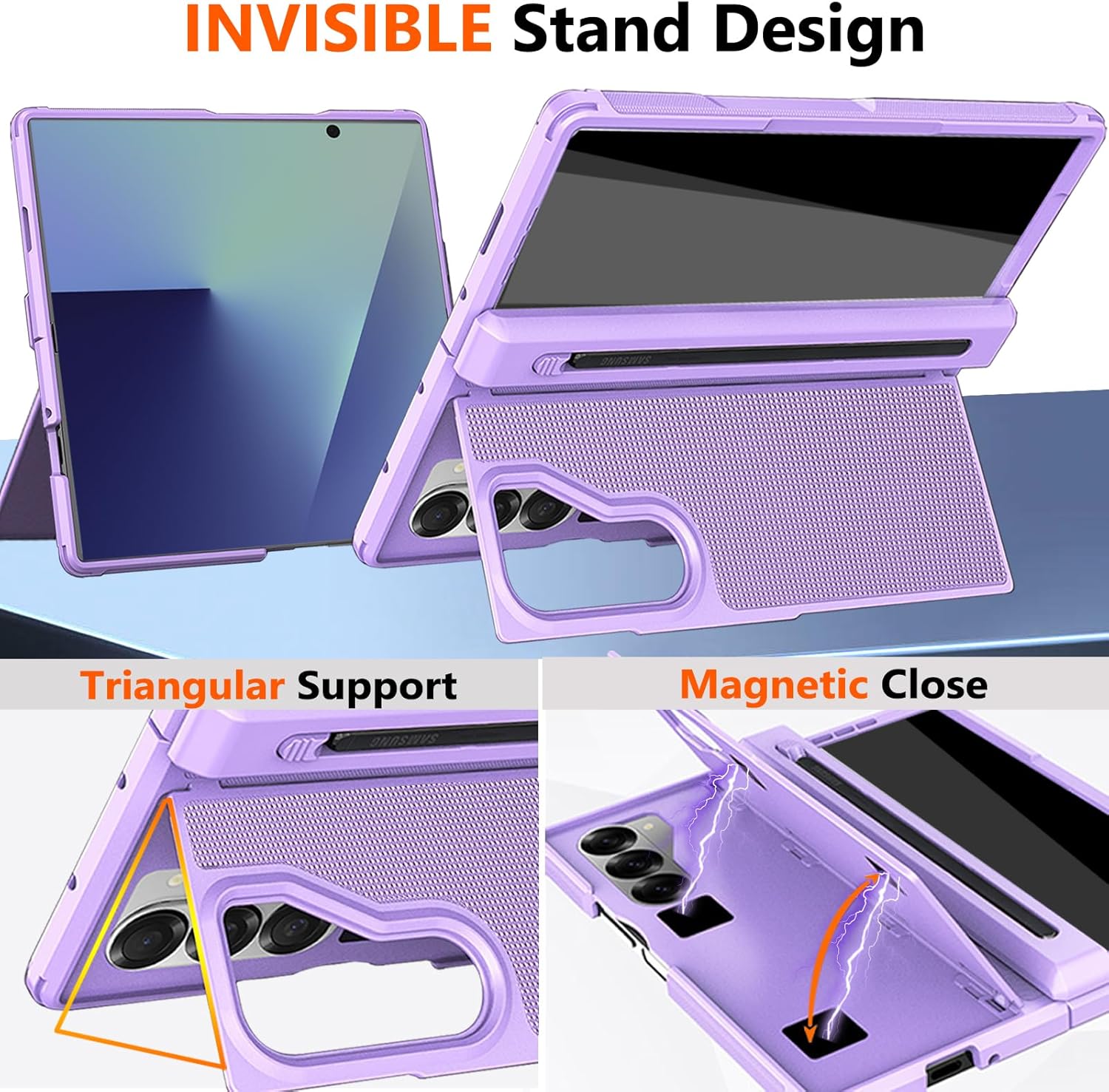 for Samsung Galaxy Z Fold 5 Case with S Pen Holder & Stylus Pen, [Invisible Kickstand] Privacy Screen Protector Rugger Hinge Protection Cover Military Grade Protective Case for Z Fold 5 Purple
