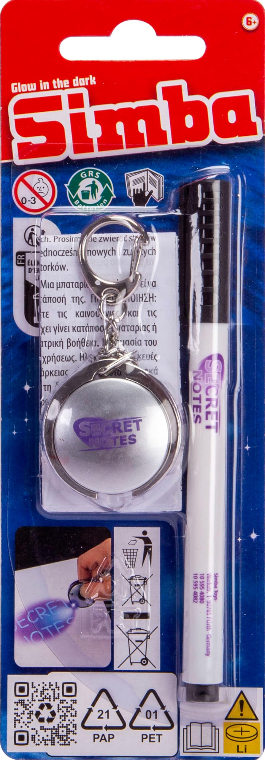 Simba 105954080 - Secret Notes długopis i lampa UV, magiczne pismo widoczne za pomocą światła, od 6 lat