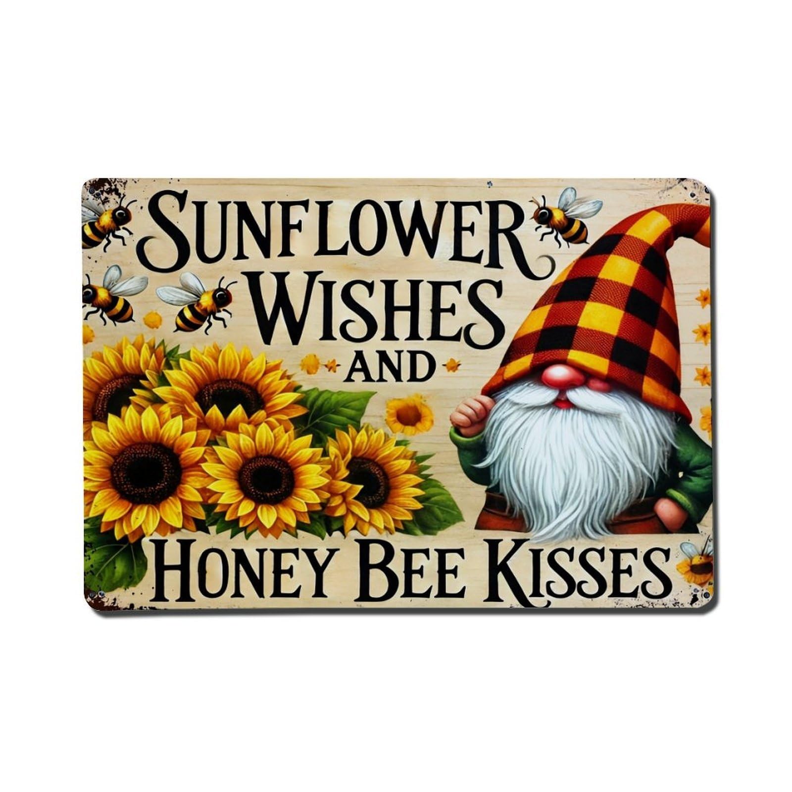 Jdfenggu Vintage Sunflower Wishes And Honey Bee Kisses Retro Metal Tin Sign, Metal Poster For Bar, Home, Man Cave, Kitchen, Laundry Room Art Decor 8X12 Inch