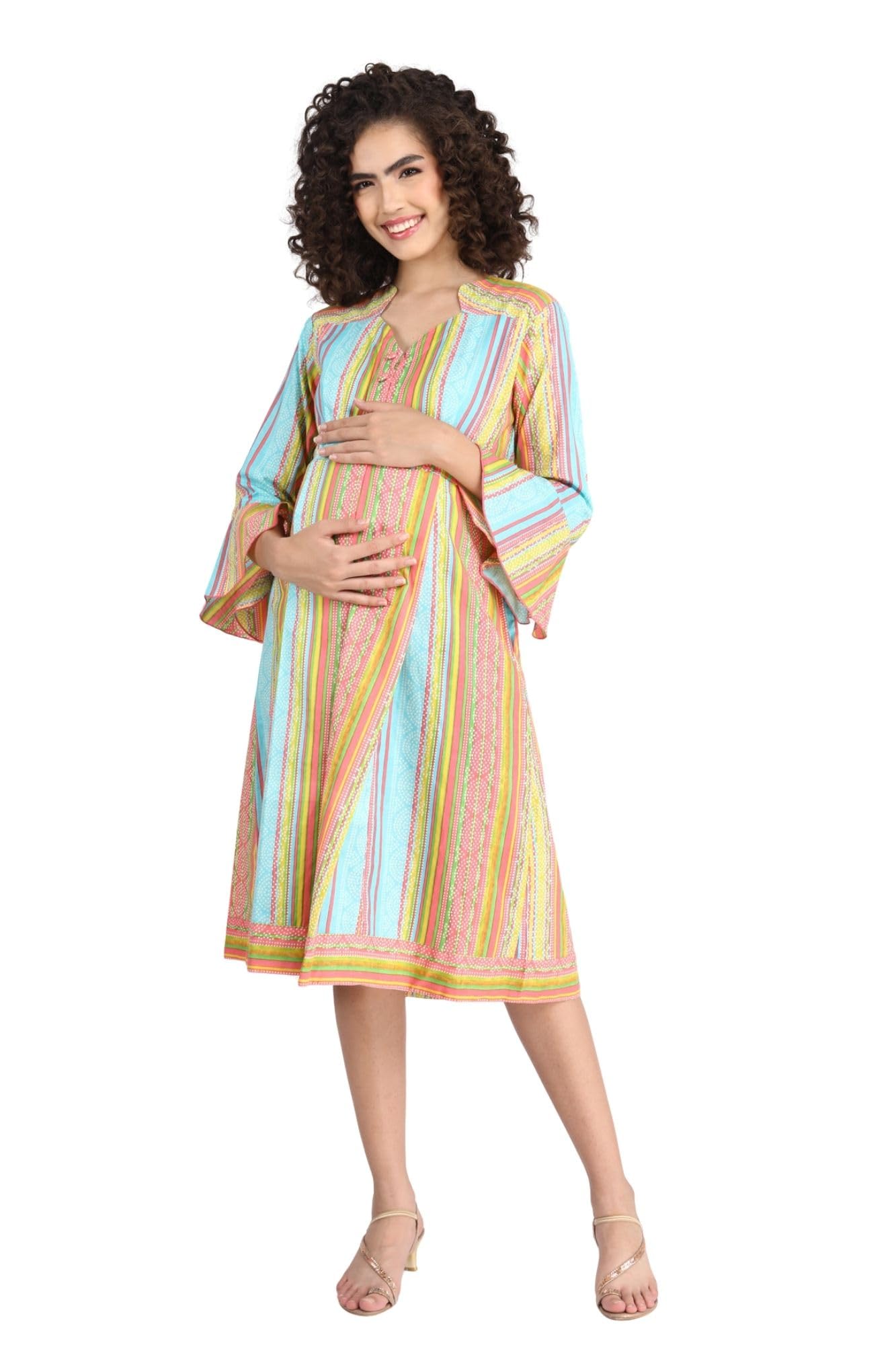Striped Coral Maternity & Nursing Dress for Women-image-48