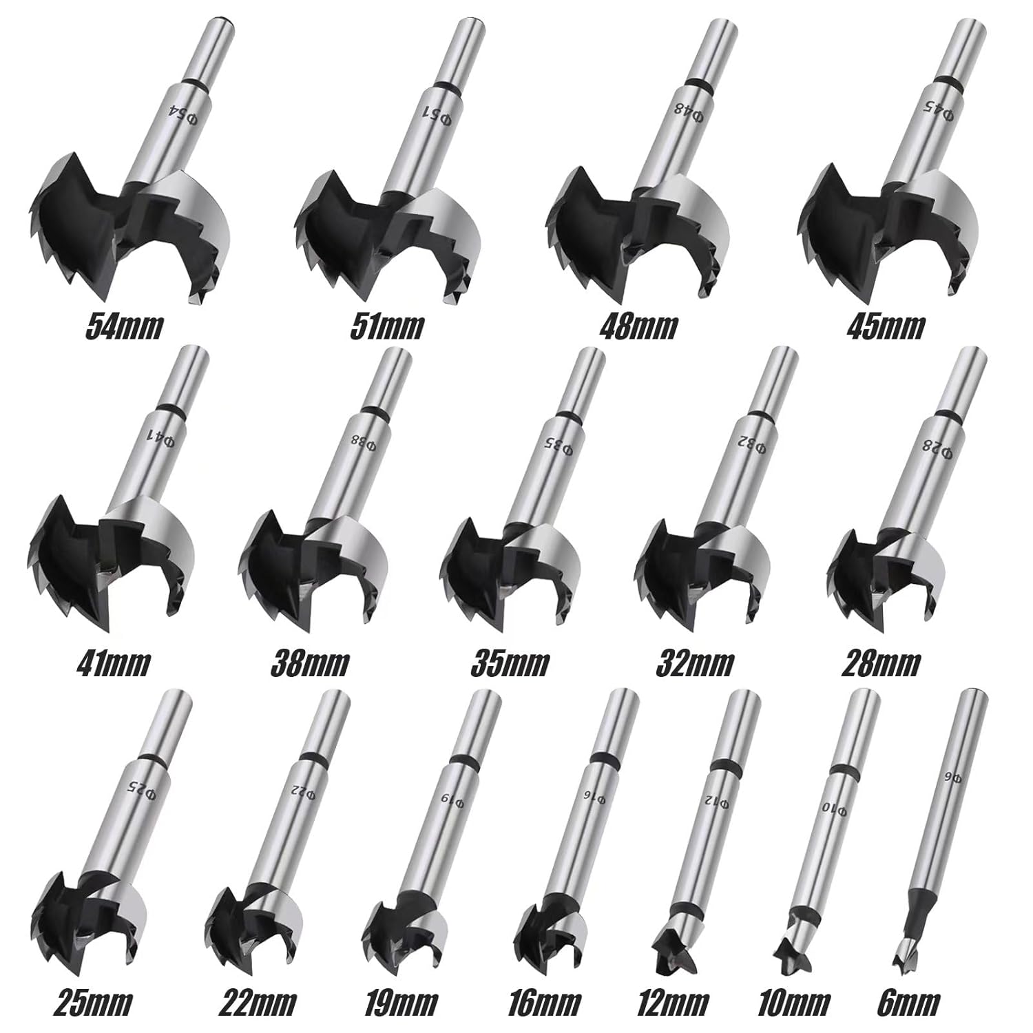 16PCS Forstner Drill Bit Set, 6-54mm HCS Multi-Tooth Woodworking Tools with Round Shank, Hole Saw Cutter Hinge Boring Bit Kit for Solid Wood, MDF, Particleboard