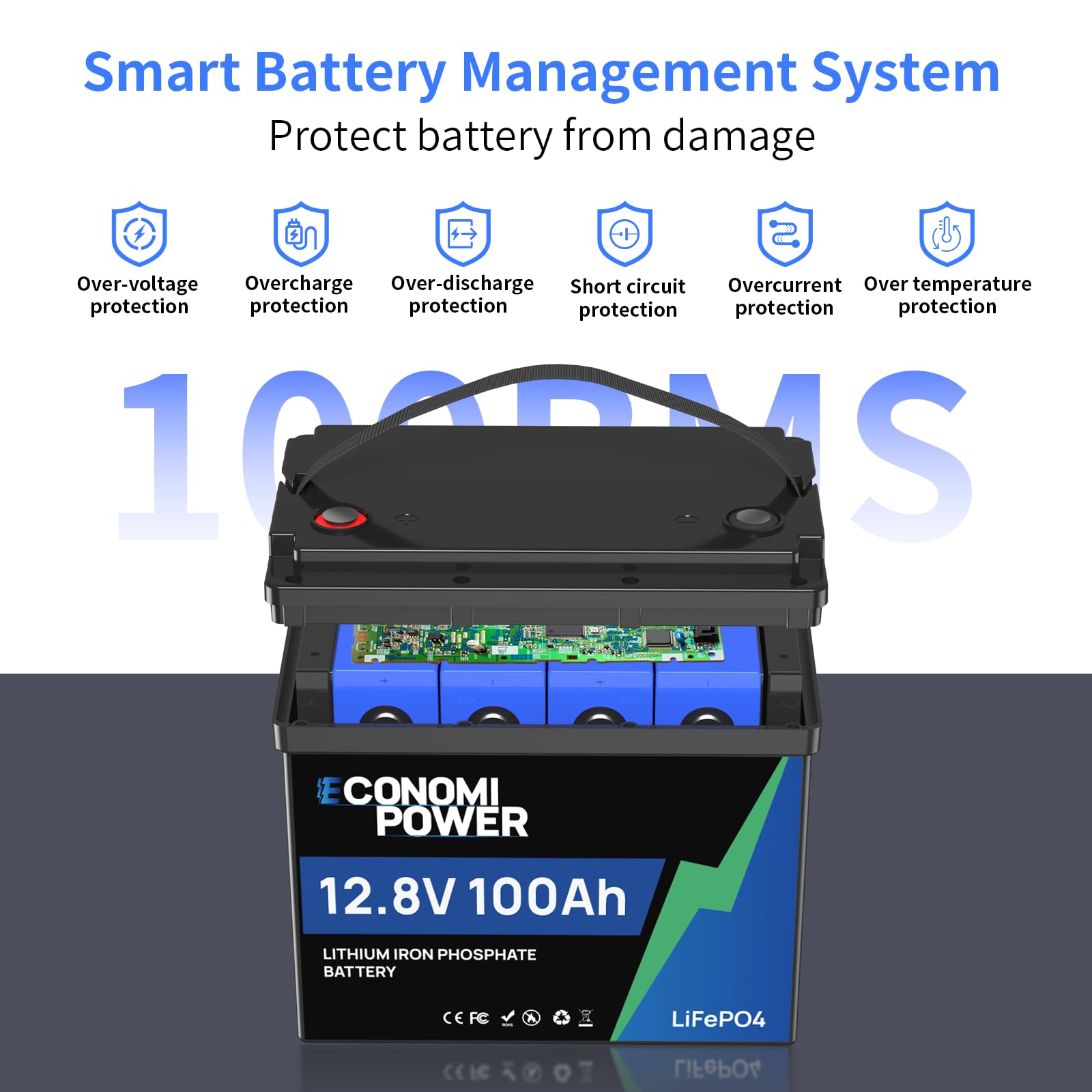 Batería de Litio Recargable (12 V, 100 A, 100 A, BMS, 4000 – 15000, Deep Cycle Lithium Battery, 1280 Wh) para Placas Solares, Camping Car, Motores de Curricán