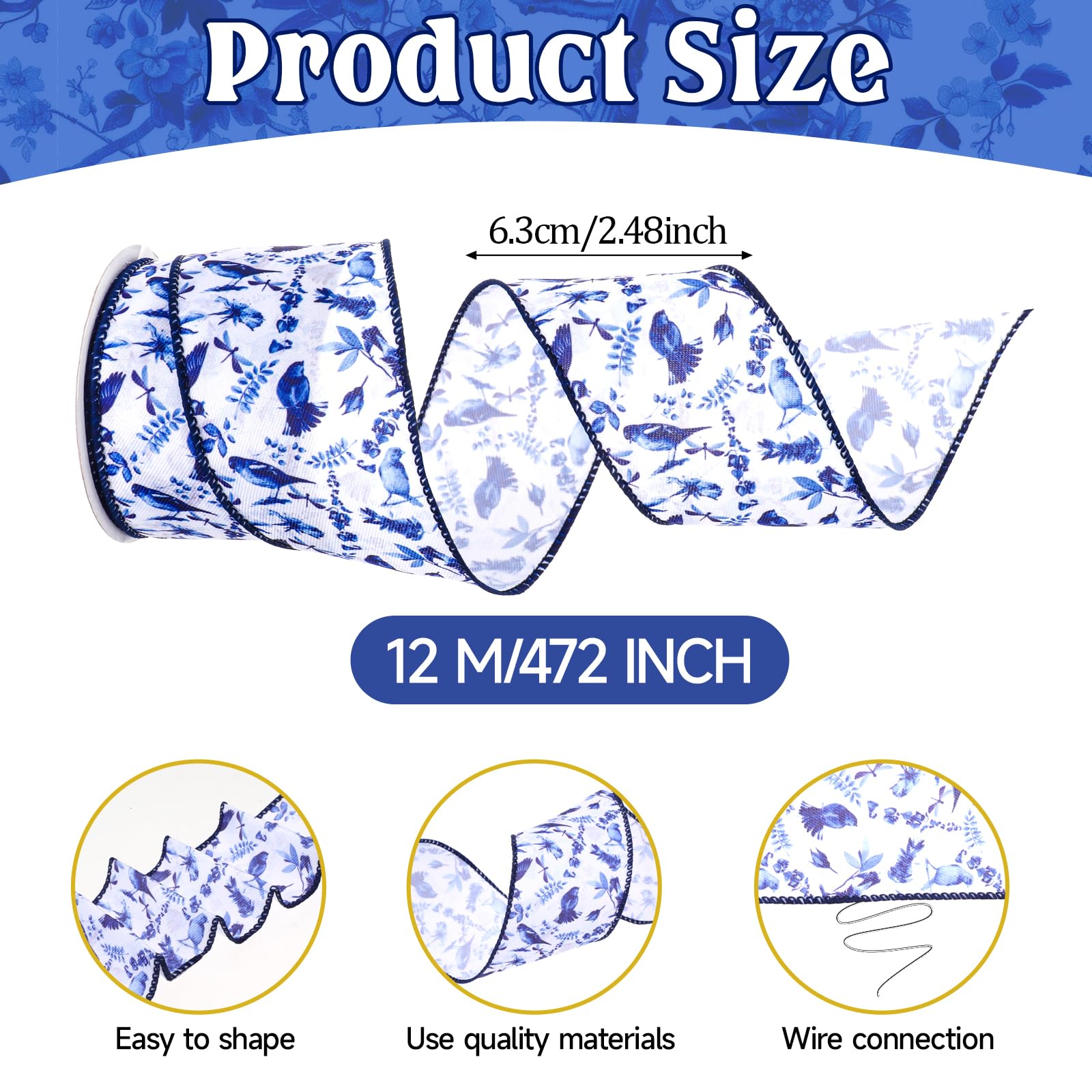 Amazon.com: Blue Floral Wired Ribbon Blue Toile Ribbon 2.5