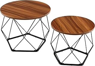 COSTWAY Coffee Tables Set of 2, Round Small Sofa Side Table with Pentagonal Base, Metal Frame Wooden Nightstand Accent End Tea Tables for Living Room, Bedroom and Balcony