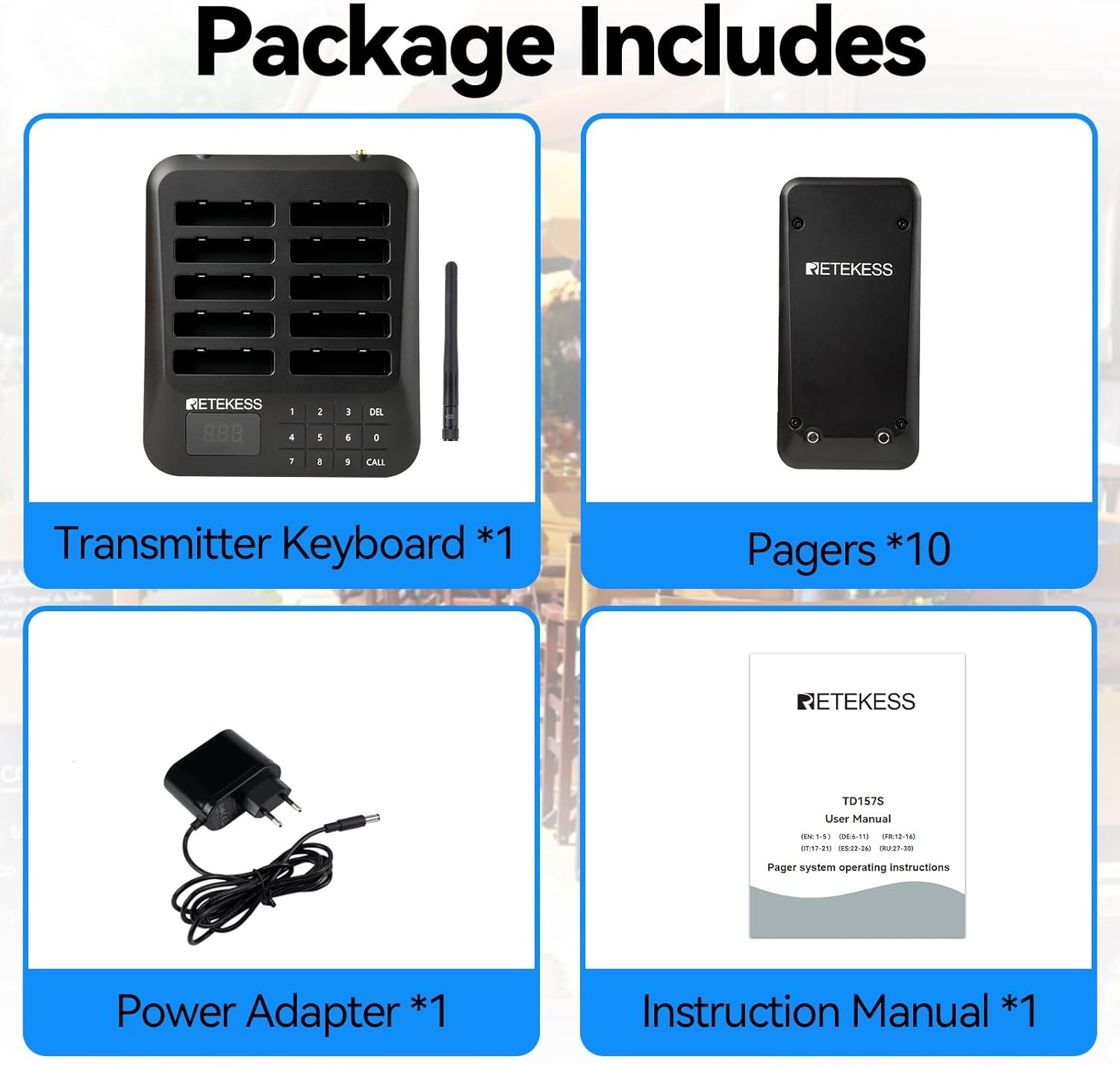 Package contents of Retekess TD157S showing transmitter, 10 pagers, power adapter, and user manual.