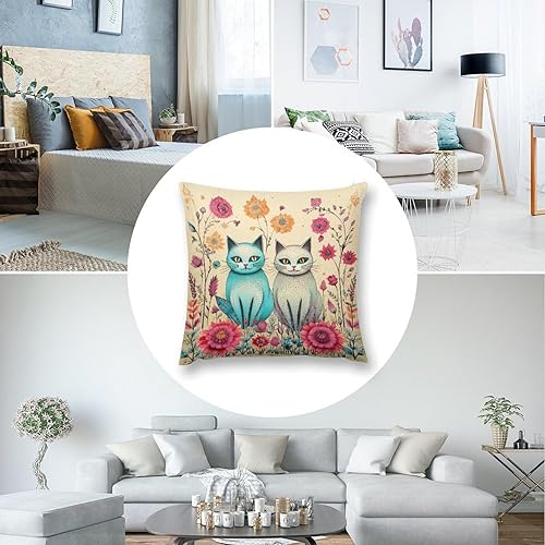 Miniatura 5 de HighonHi Funda de cojín cuadrada de 16 x 16 pulgadas, diseño de gatos y flores, diseño cuadrado, suave, doble cara, para cojines para amantes de los