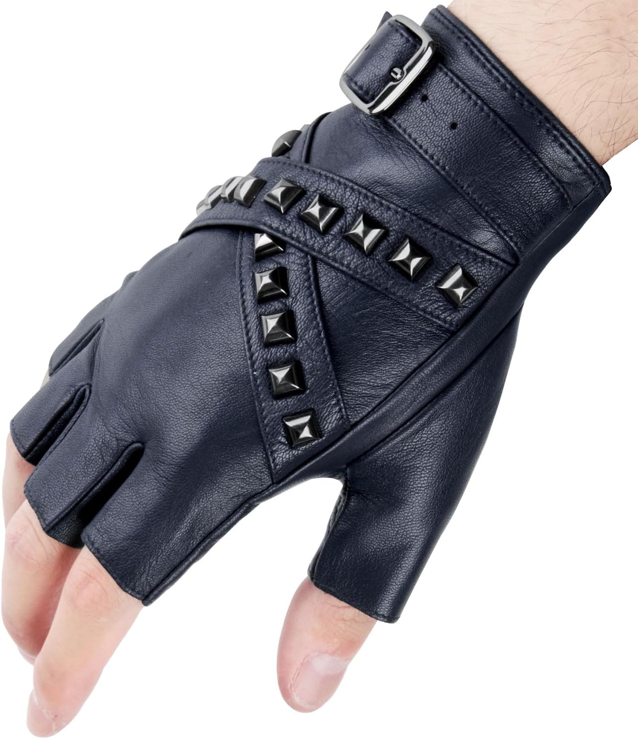 FIORETTO Mens Fingerless Leather Gloves – Half Finger Punk Style Sheepskin for Driving & Motorcycle – M16519 - Image 7