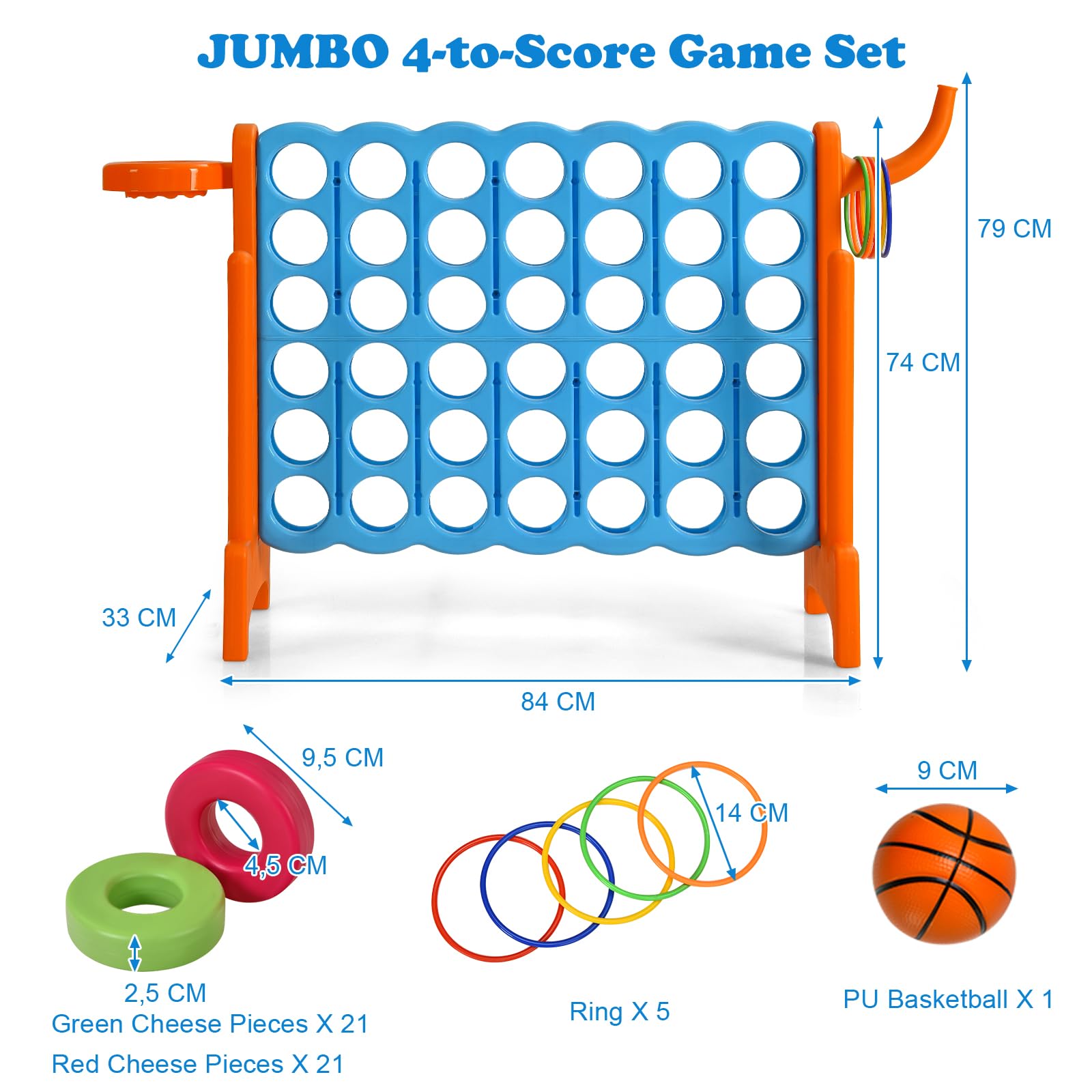 HOMASIS Jeu géant 4 Gagnants, Jeu 4 en 1 avec Panier de Basket & Lancer, Jeu de Stratégie avec 42 Anneaux, XXL Jeu de société Jouet pour Enfants & Adultes Extérieur (Orange)