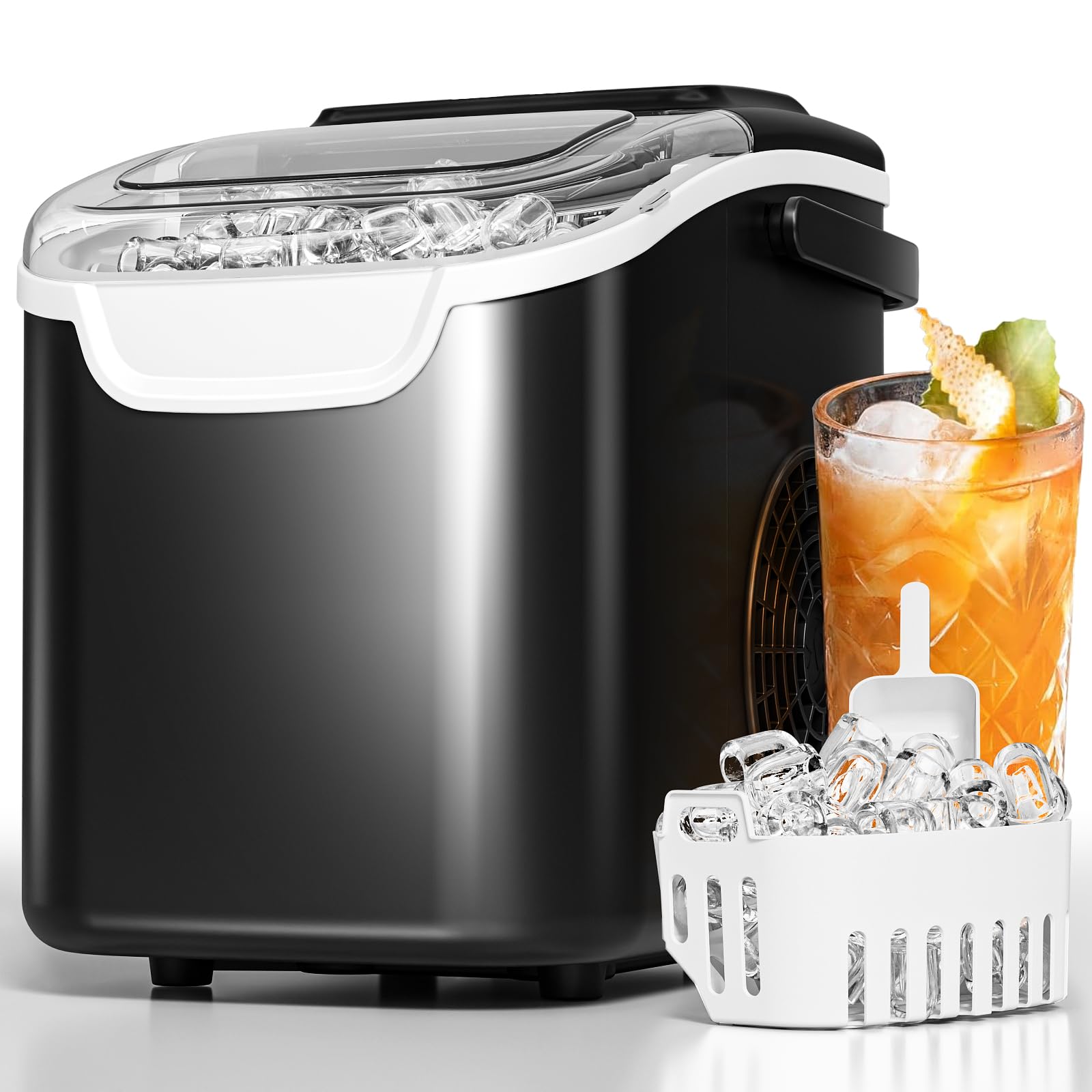 Pro Ice Maker: Fresh Ice On Demand in 6 Mins! 26.5 lbs/Day, Self-Cleaning & Ultra-Quiet. Perfect for Home Bars, Kitchens & Offices（Matte Black）