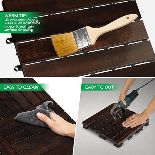 Miniatura 5 de Idzo - Azulejos para deck entrelazables - 10 piezas, para patio de madera de acacia impermeables, para interiores y exteriores - Patrón de listones